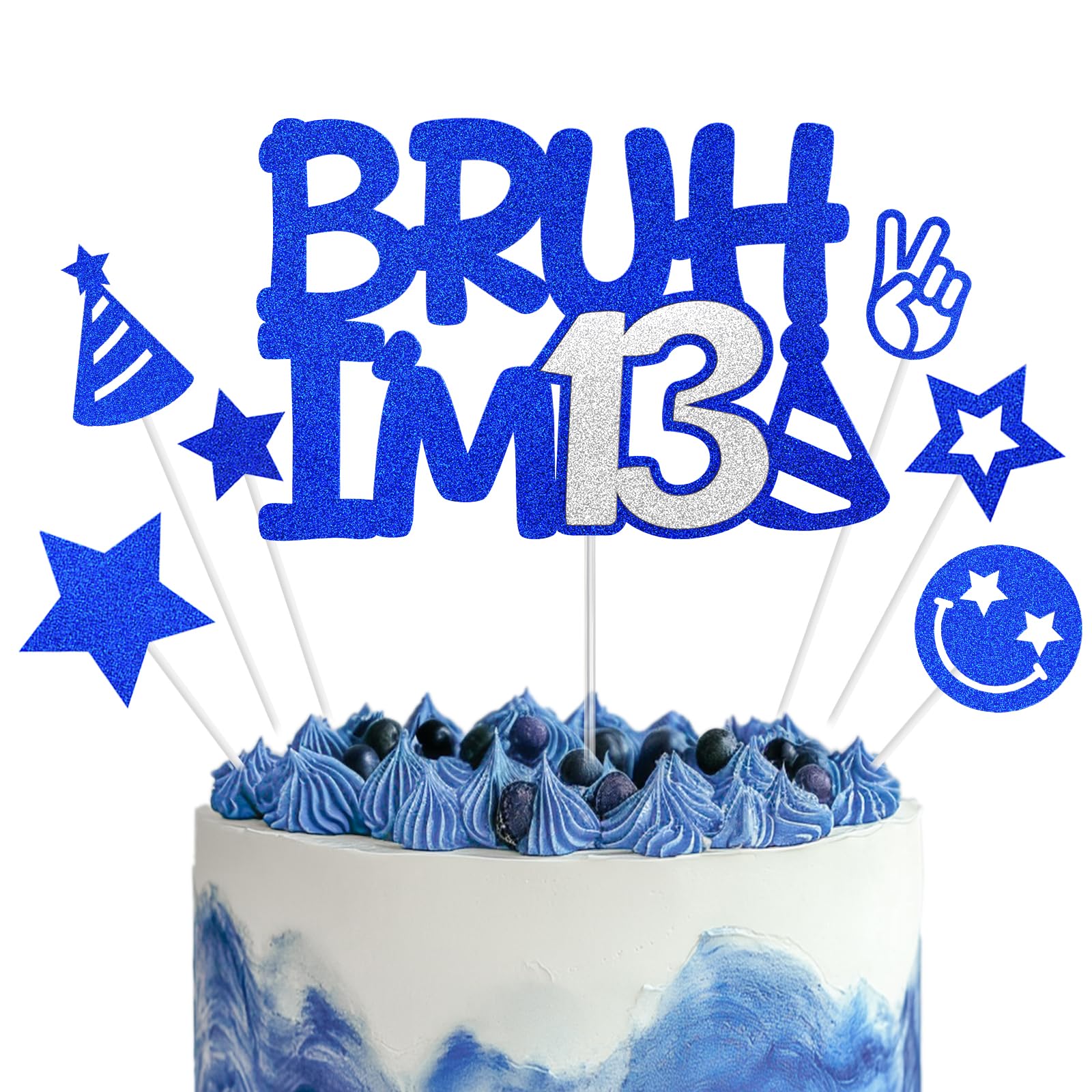 Bruh I'm 13 Cake Topper, Happy 13th Birthday Cake Topper, Blue Silver Glitter Cake Decoration, 13 Cake Topper, Birthday Party Cake Decor Supplies for Boys Girls 13 Years Old