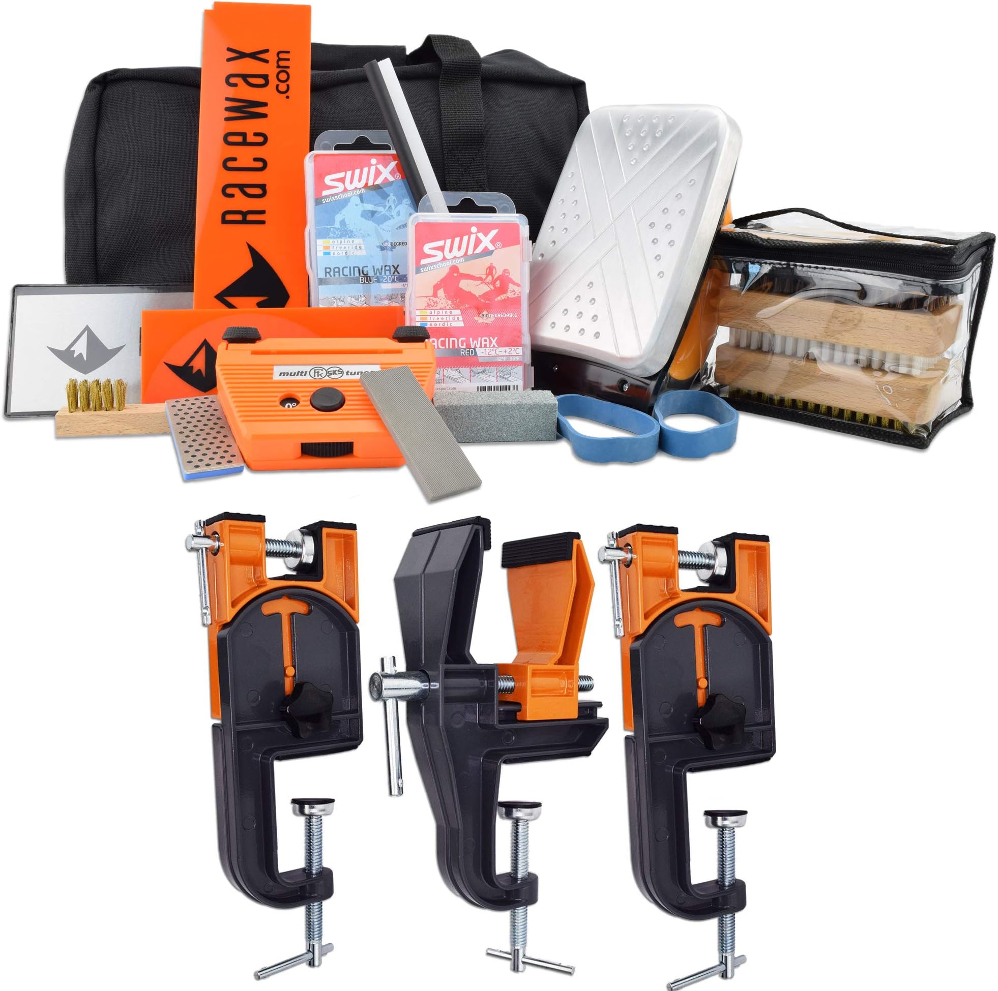 RaceWax Complete Ski Wax Tuning Kit Plus Ski Vise (Accepts Snowboard Adapter)