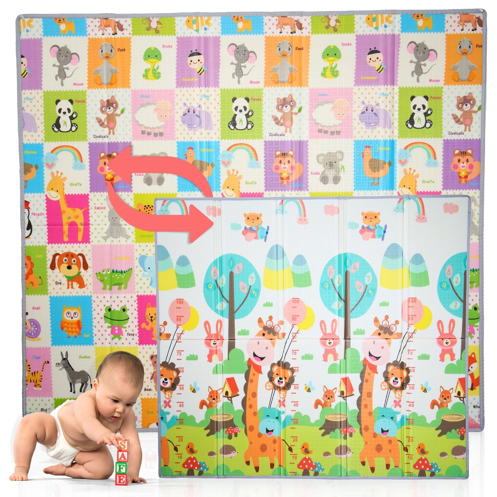 LITTLE BLISS, Alfombra Bebé Acolchada Plegable. 200x180cm, 1.5cm Grosor, Bordes Reforzados y Superficie Sensorial, Reversible y Antideslizante (SAFARI EDITION)