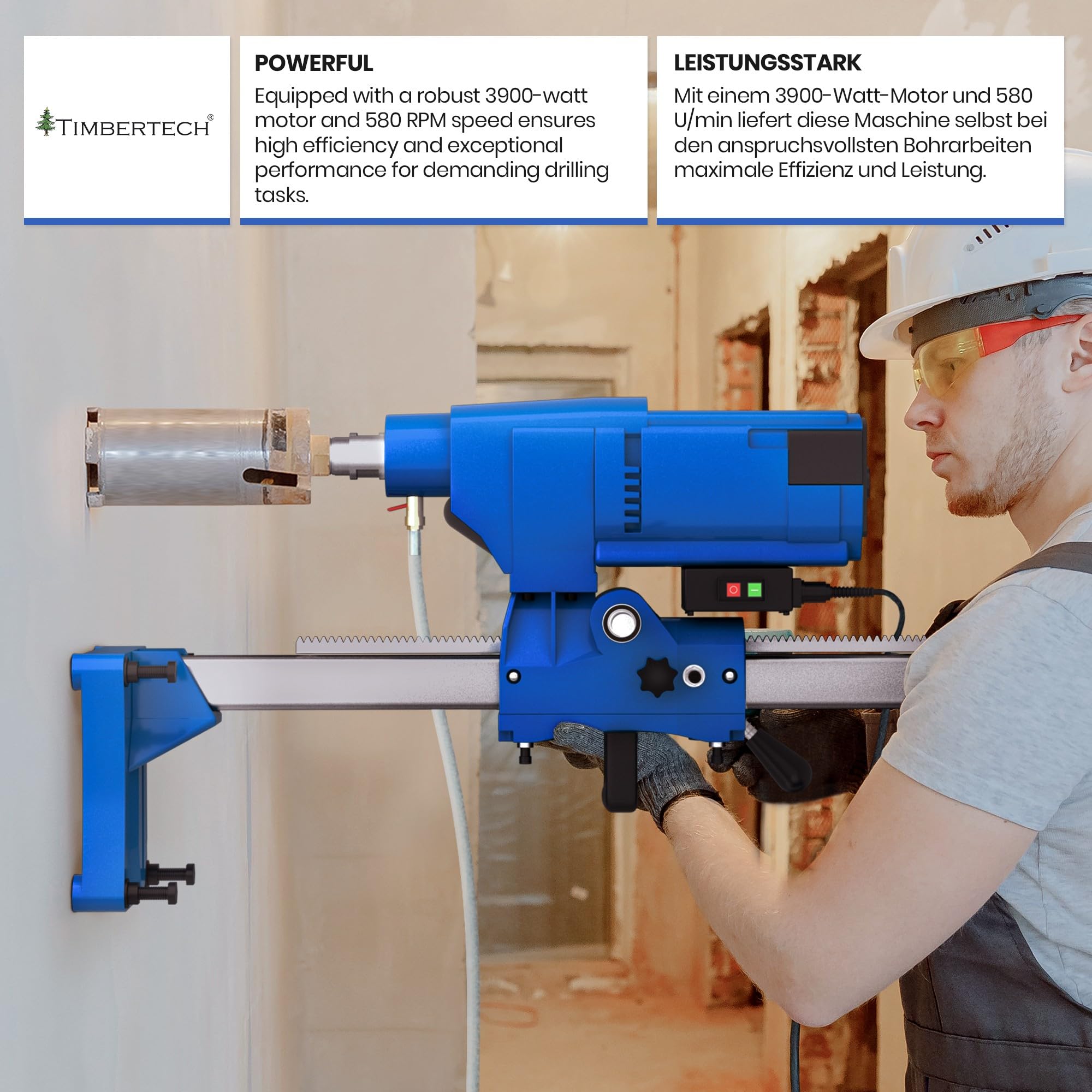 TIMBERTECH® Kernbohrgerät - mit Ständer, Ø Bohrung: ca. 15-205 mm, 3900 W, 580 U/min geeignet für Diamantbohrkronen - Kernbohrer, Kernbohrmaschine, Bohrmaschine für Nass und Trocken