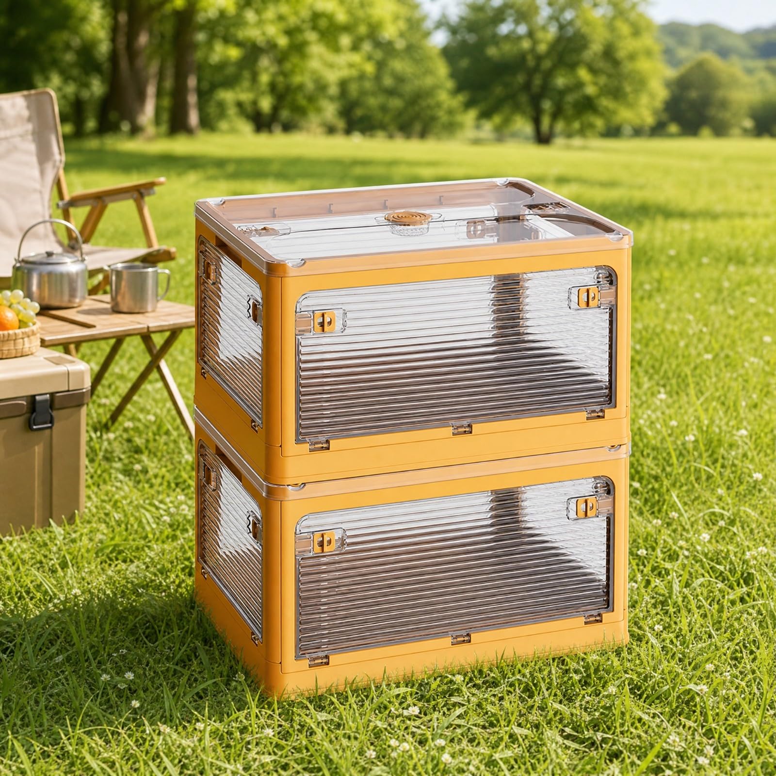 B Baosity Caja Plegable Plástico PP Portátil Organizador con Panel Translúcido Acanalado Ligero Connedor Apilable Plástico para Armarios, Amarillo