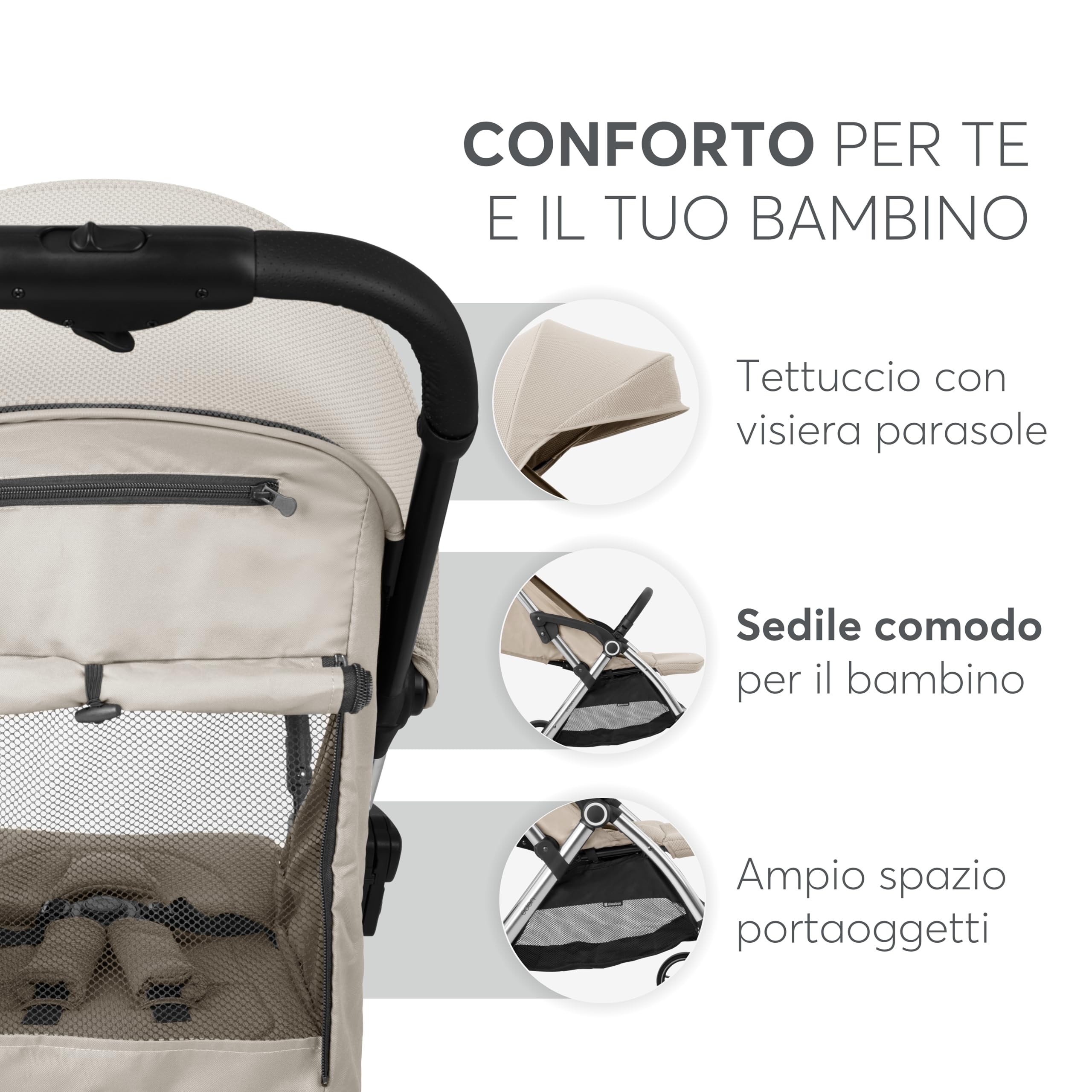 Passeggino KikkaBoo EDEN, Passeggino fino a 22 kg, Ripiegamento automatico, Posizione reclinabile, Ultraleggero, Compatto, Beige
