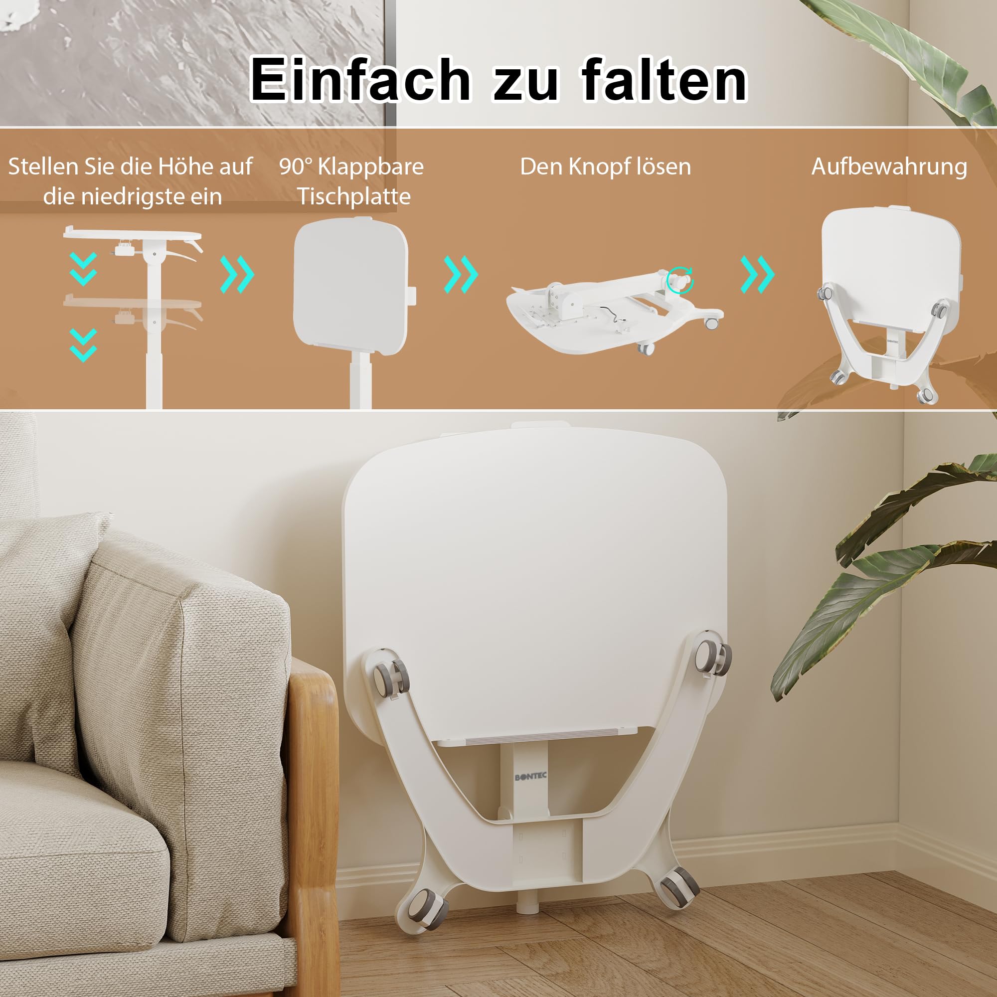 BONTEC Klappbarer Computertisch 65x50 cm, Höhenverstellbar mit 4 Rollen, Laptoptisch, Faltbar, Beistelltisch für Büro, Wohnzimmer, Schlafzimmer, bis 12 kg, Ideal für Heimarbeit und kleine Räume