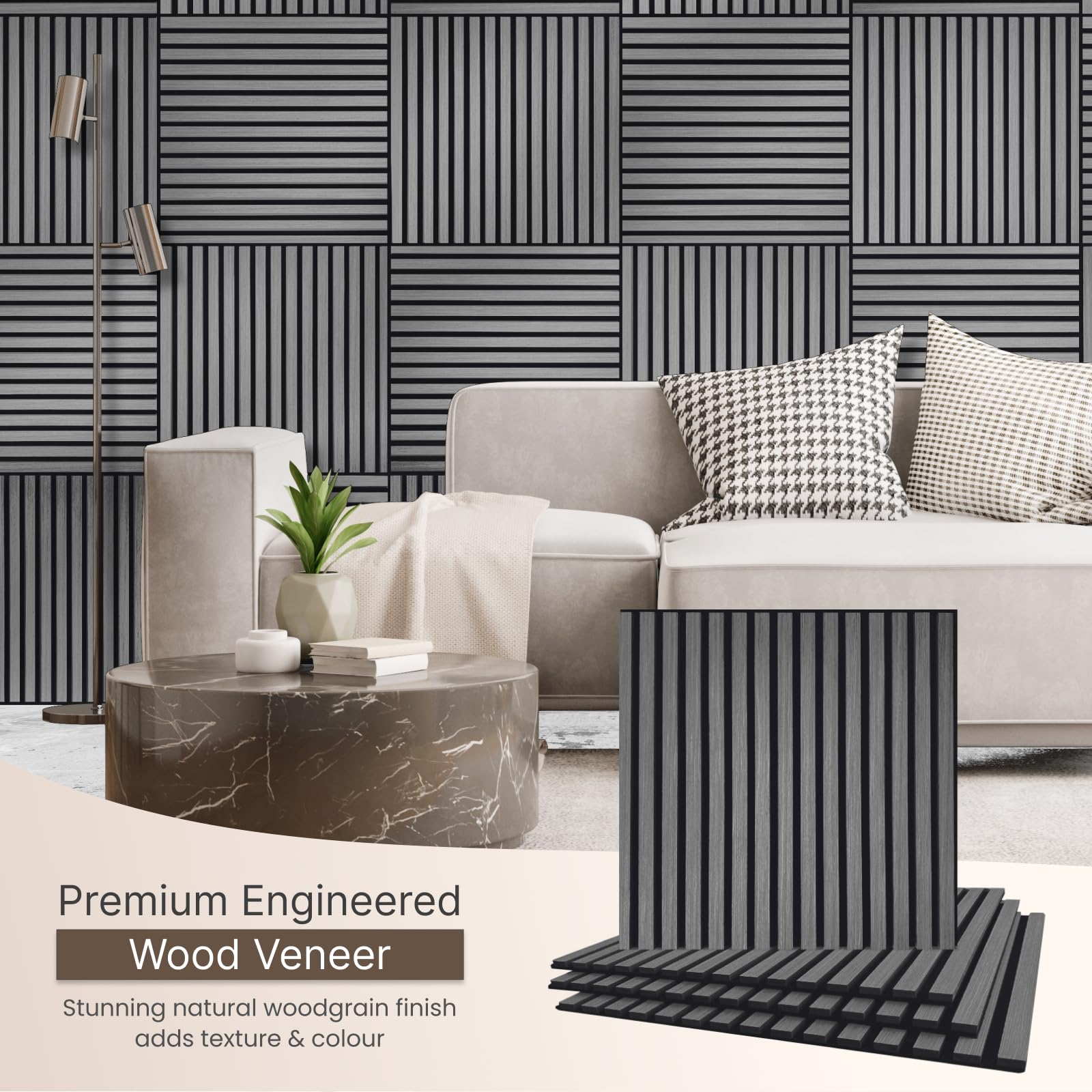 CLICK-DECK Pannelli da parete in legno, pannelli acustici di alta qualità, pannelli fonoassorbenti, ignifughi e certificati FSC, pannelli in legno per pareti, confezione da 4, 60 x 60 cm (grigio