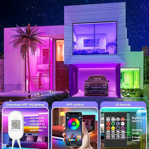 Miniatura 2 de Tira de luces LED, 82 pies de largo, tiras de luz LED inteligentes con sincronización de música 5050 RGB que cambian de color, aplicación Bluetooth,