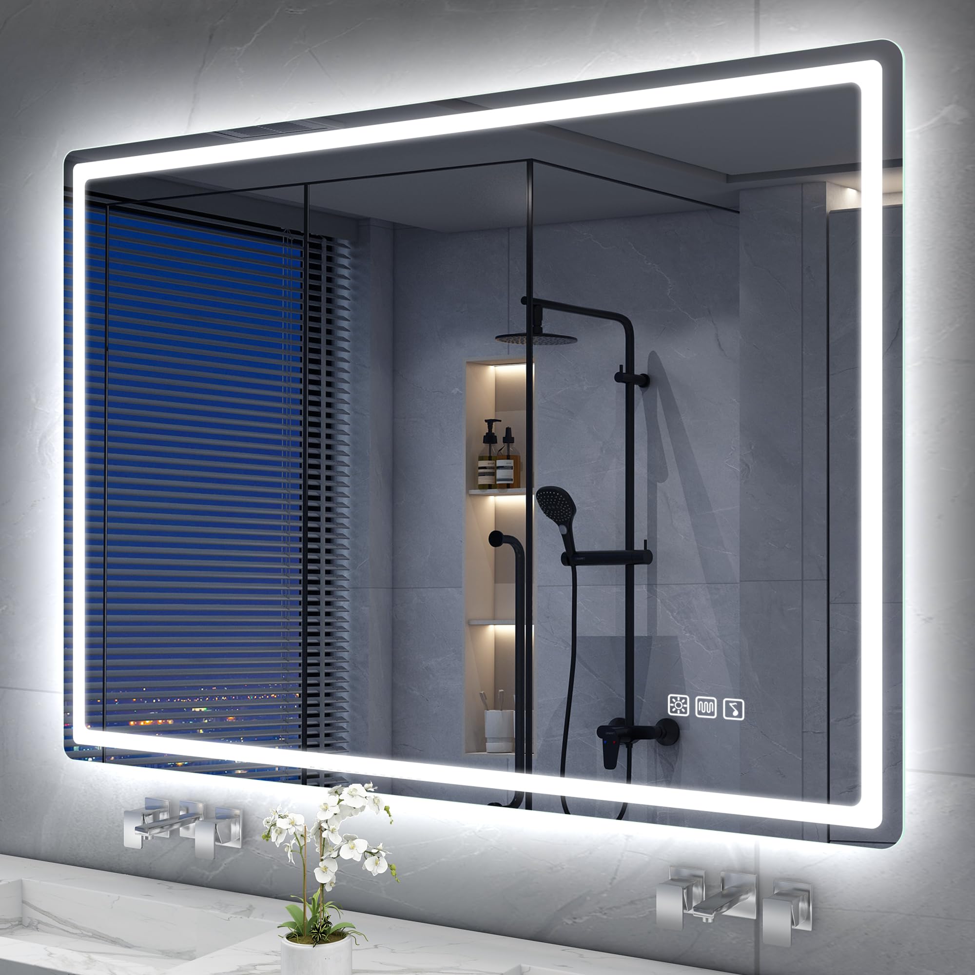 S'bagno Bluetooth-Bathroom-Mirror-with-LED-Lights 1000x700mm, LED-Bathroom-Mirror with Defogging Mat, 3000K-6500K, Dimmable, Memory, HD Tempered Glass, IP44 Waterproof, Horizontal/Vertical