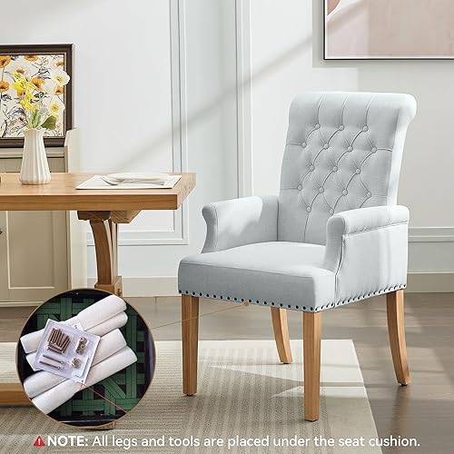 Miniatura 8 de Silla de comedor de tela con brazos, sillas de comedor tapizadas con respaldo alto, sillón decorativo con patas de madera maciza y ribete de cabeza