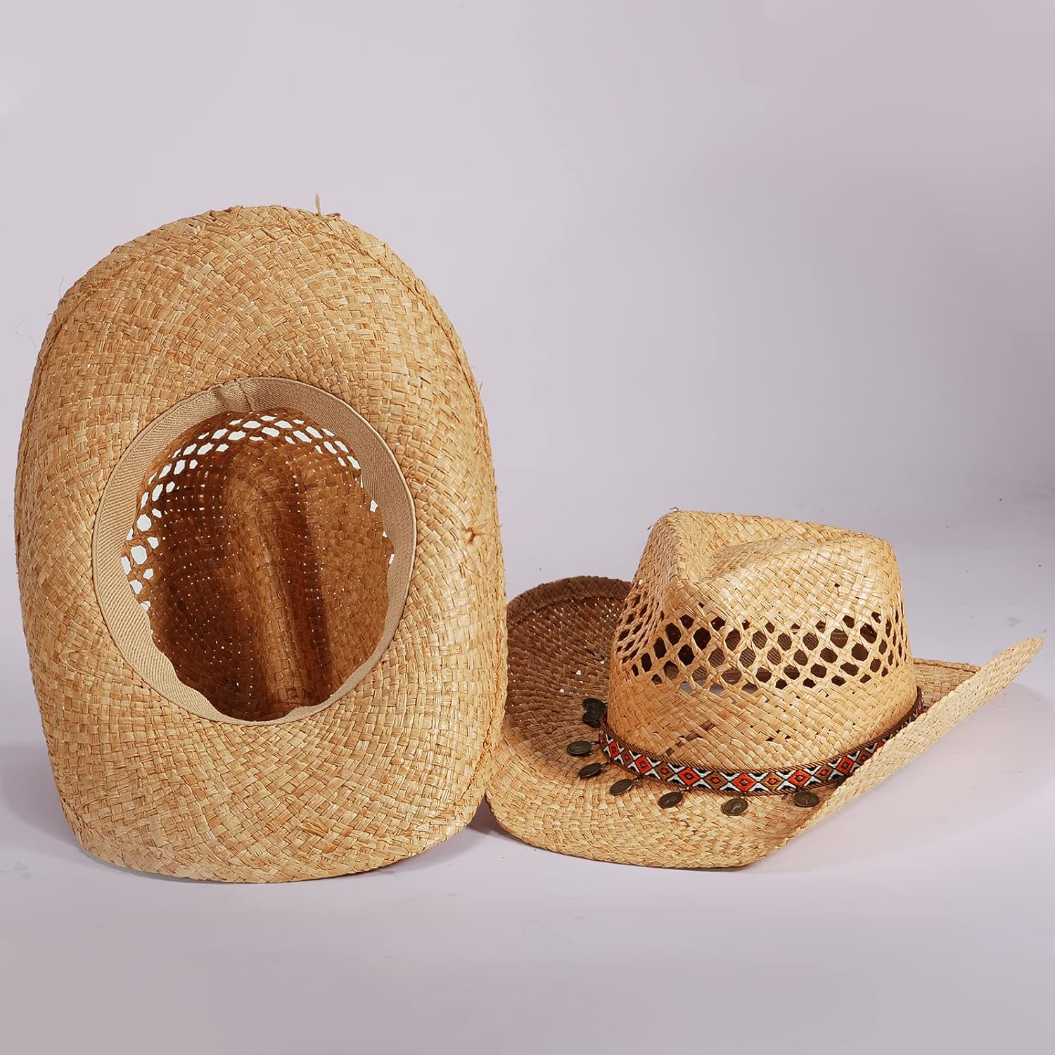 Straw Cowboy Cowgirl Hats for Women Men Summer Beach Sun Hat Panama Woven Straw Hat Wide Brim Western Cowboy Hat - Image 2