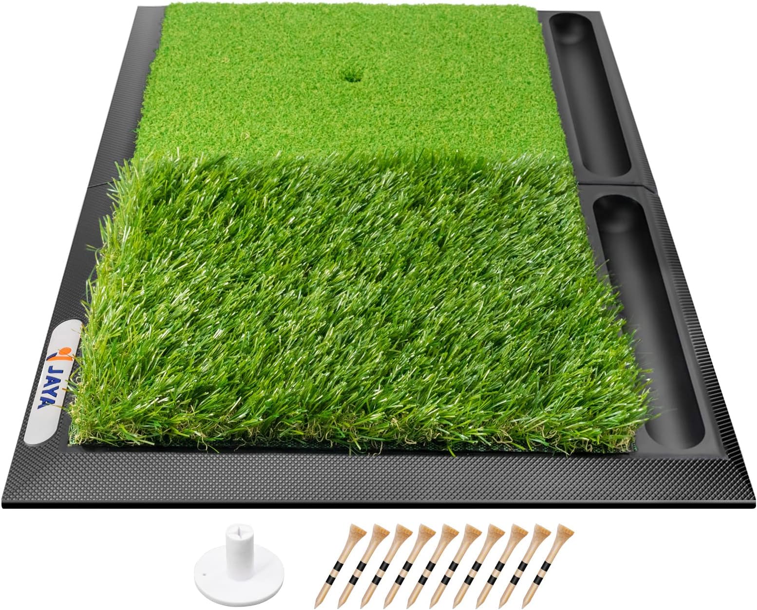 Golf Hitting Practice Mat, Two Options (Heavy Rubber Base Dual-Turf Mat with Ball Tray, Tri-Turf Mat with Practice Golf Balls), Portable Golf Training Mat for Indoor and Outdoor