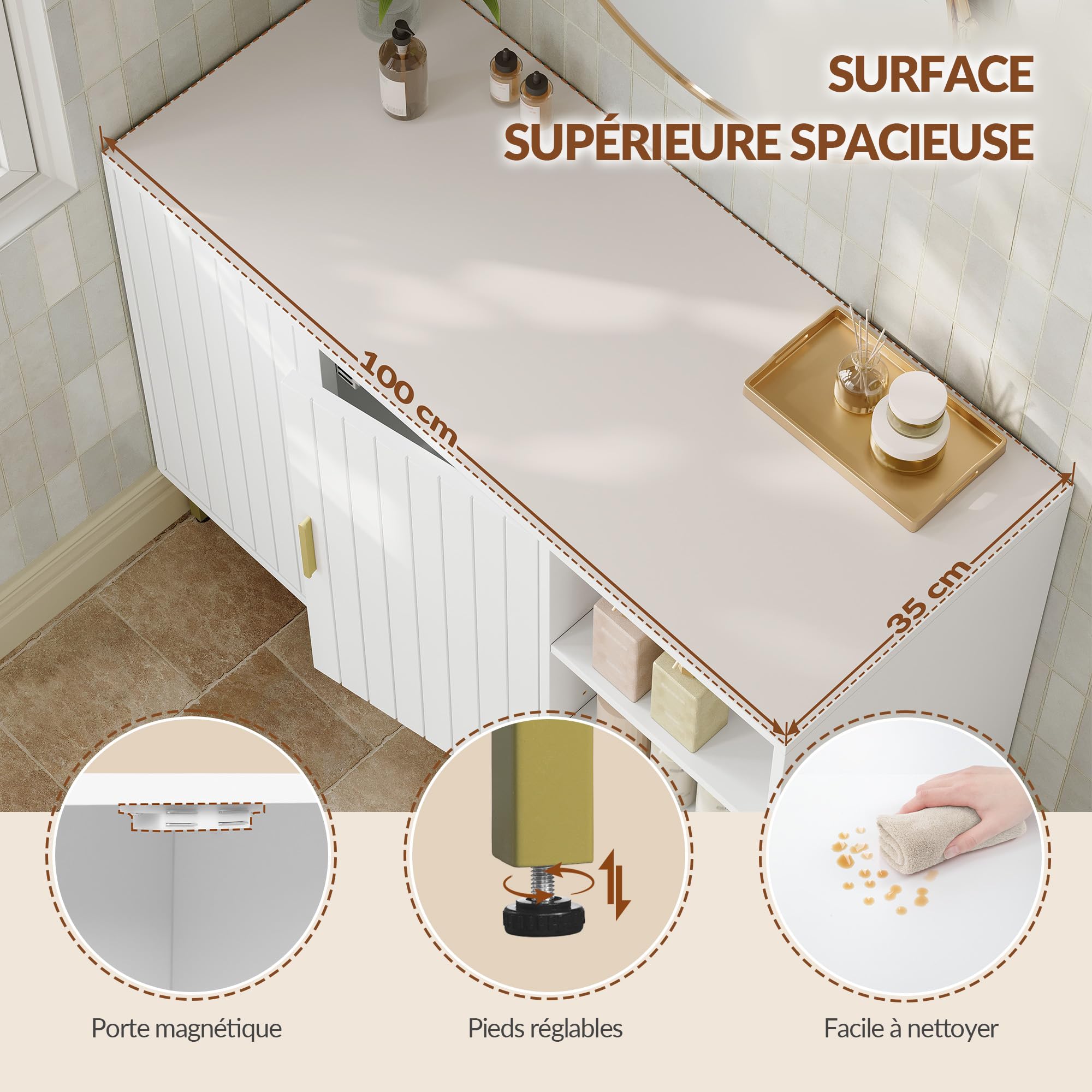 Meuble de Salle de Bain, 100 x 35 x 75 cm, Blanc et Doré | Armoire de Rangement, Buffet Indépendant à Deux Portes, Étagères Réglables, FFBC021PW1