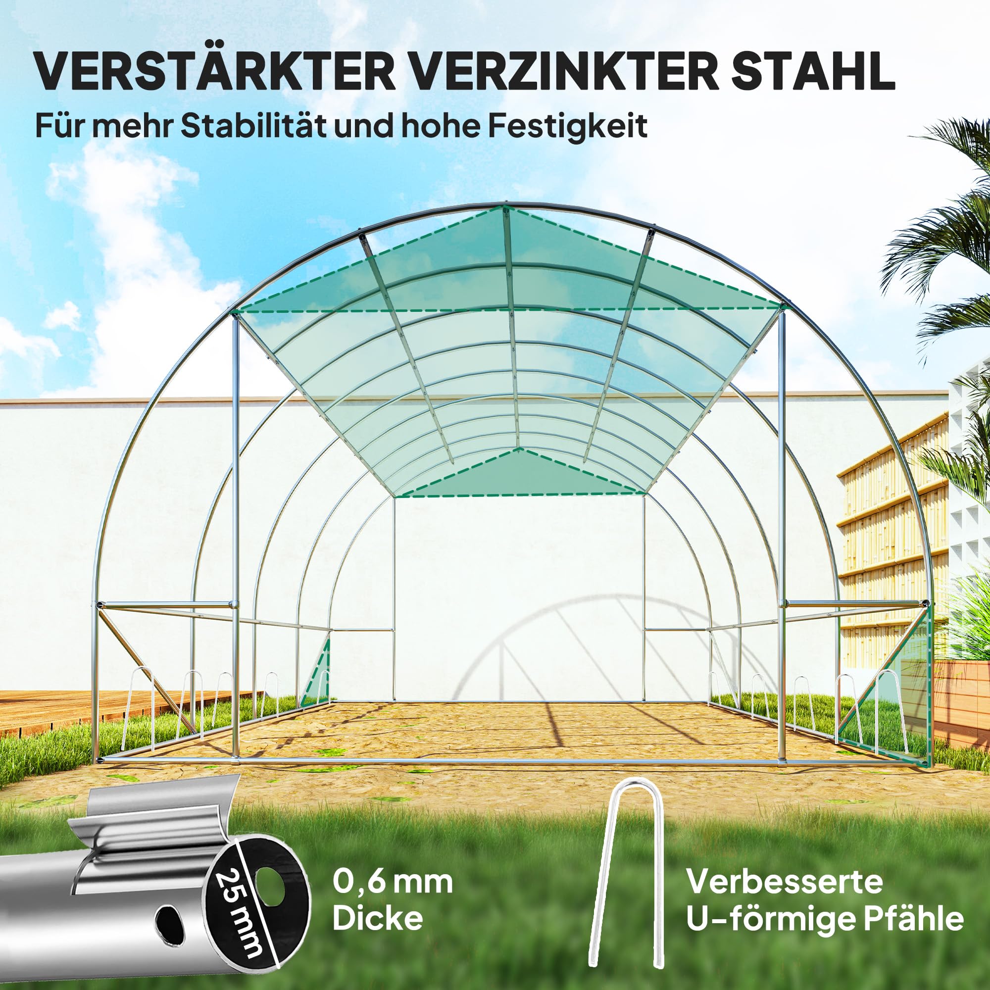 Outsunny Gewächshaus 300x400x200cm Foliengewächshaus Tomatenhaus mit Tür, 8 Fenster, Folientunnel aus verzinktem Stahl, 170g/m² PE, stabiles pflanztunnel, Treibhaus inkl. Erdanker & Seilen, Grün