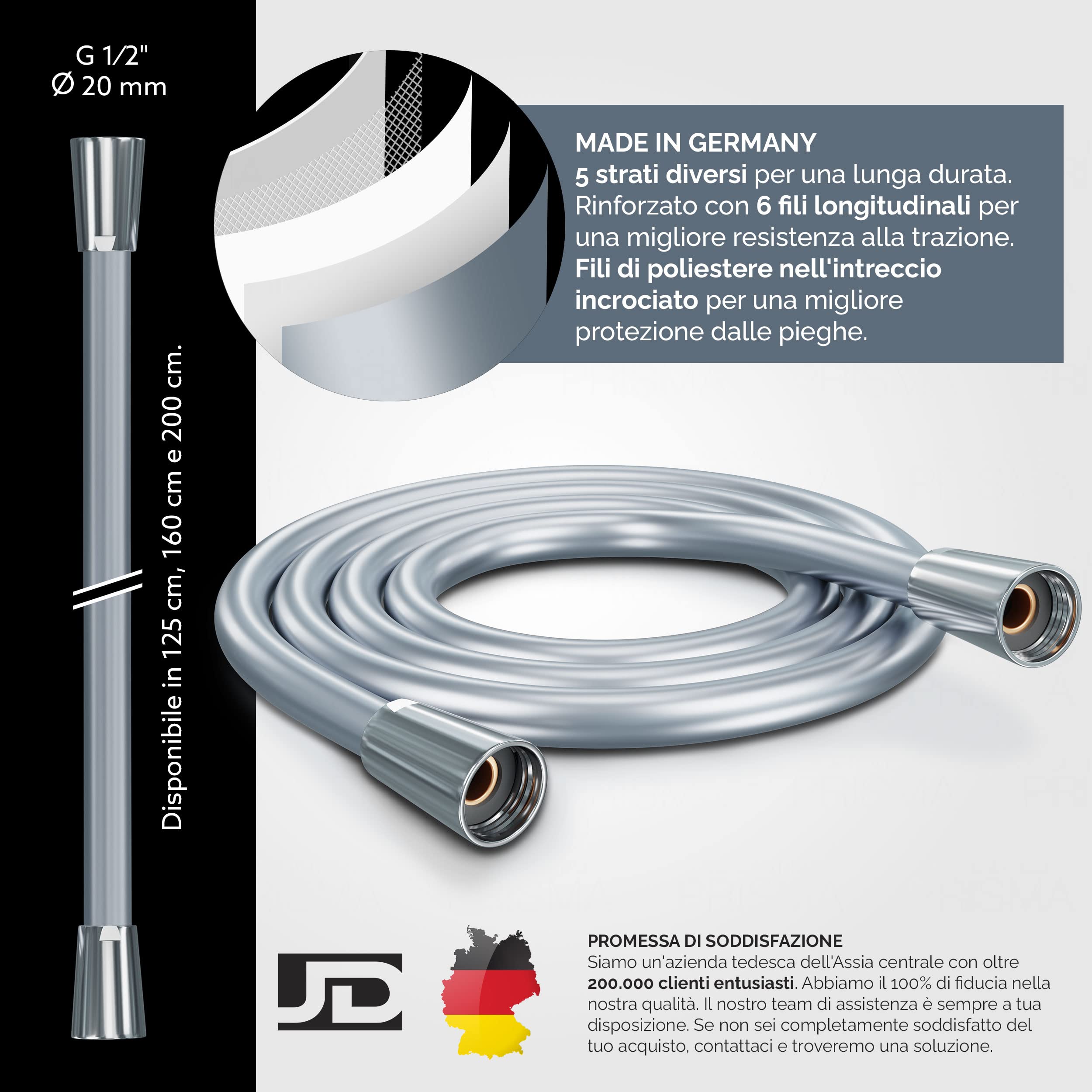 PRISMA tubo doccia 200cm MADE IN GERMANY con doppia protezione antitorsione. Tubo doccia Estremamente flessibile, a prova di torsione, con protezione antipiega.