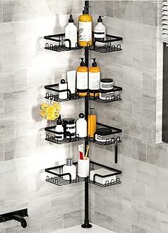 Telescopic Shower Caddy, Corner Shower Shelf Bathroom Corner Storage Bath Organizer Caddy without Drilling, 4 Basket Black