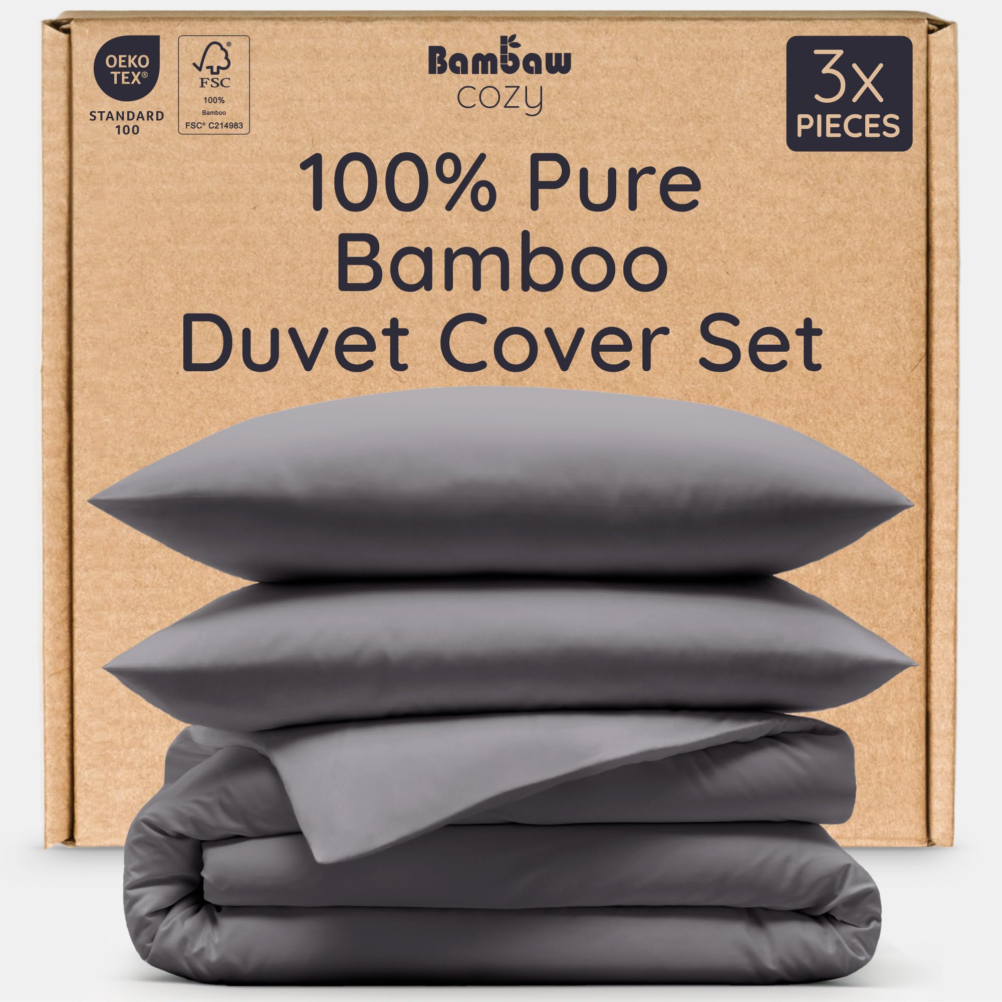 Bambaw King Size Duvet Cover Set, 3-Piece Bamboo Duvet Cover Set (240 x 220 cm) with a Bamboo Pillow Cases Pack of 2 (50 x 75 cm), Thermoregulating, Hypoallergenic and Anti Dust-Mite (Dark Gray)
