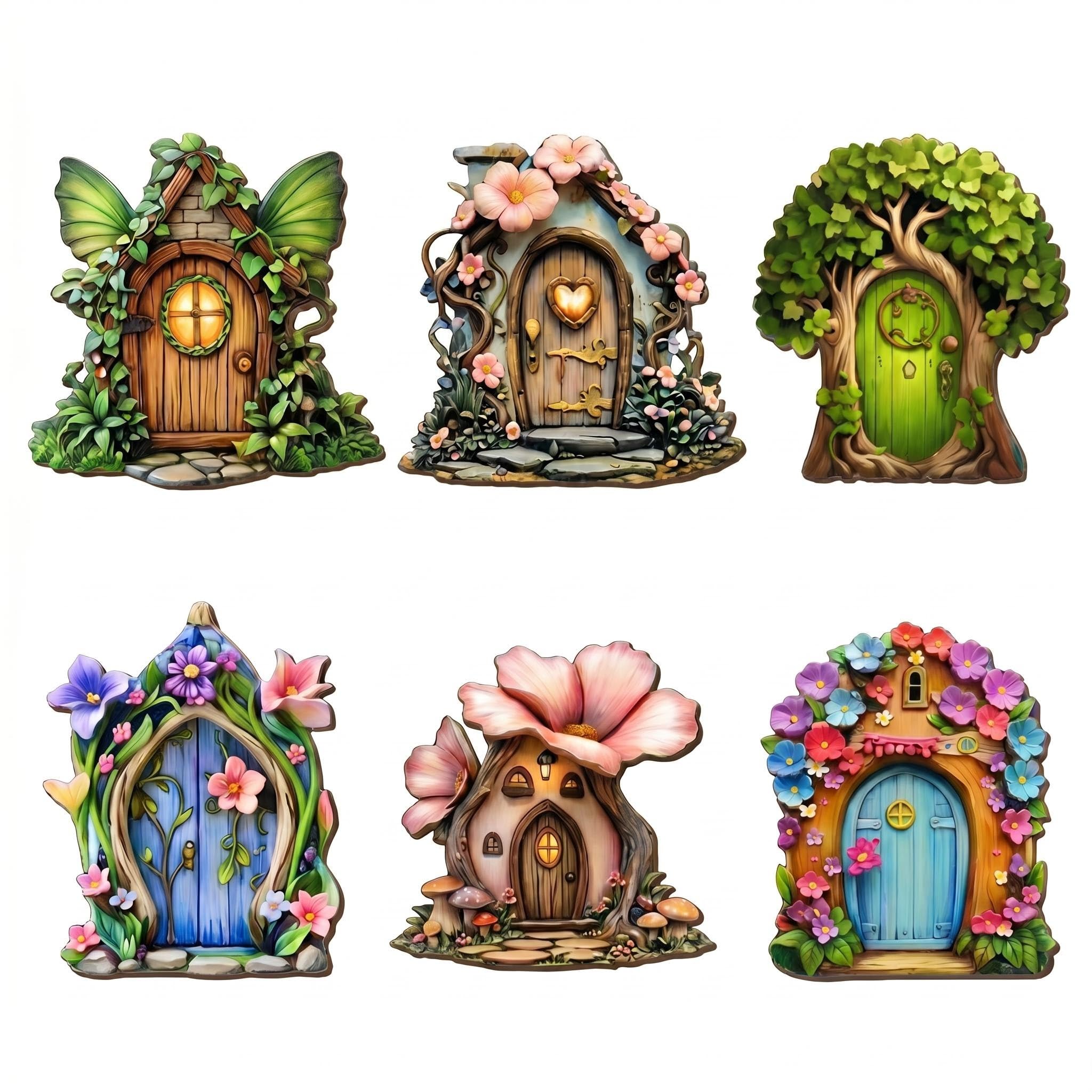 SINJAETRQ 6 Pcs Wooden Fairy Doors for Trees, 10x9cm Miniature Fairy Garden Accessories, Outdoor Garden Ornaments Kit, Fairies Door Decor for Yard Lawn Potted Plants