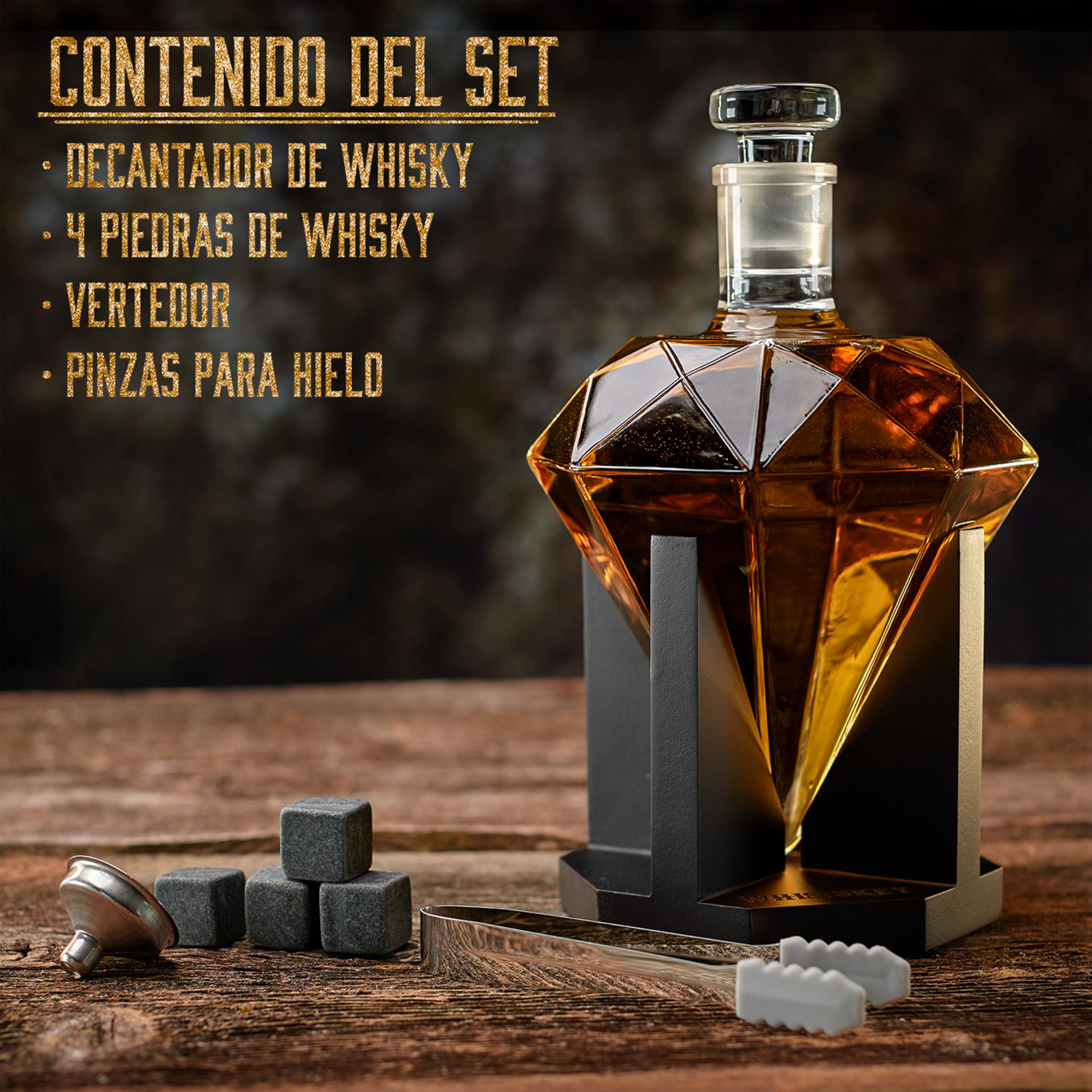 WHISISKEY Decantador de Whisky - Jarra de whisky - Decantador 700ml - Set de Regalo de Whisky - Regalos Originales para Hombres - 4 Piedras de Whisky, Accesorios