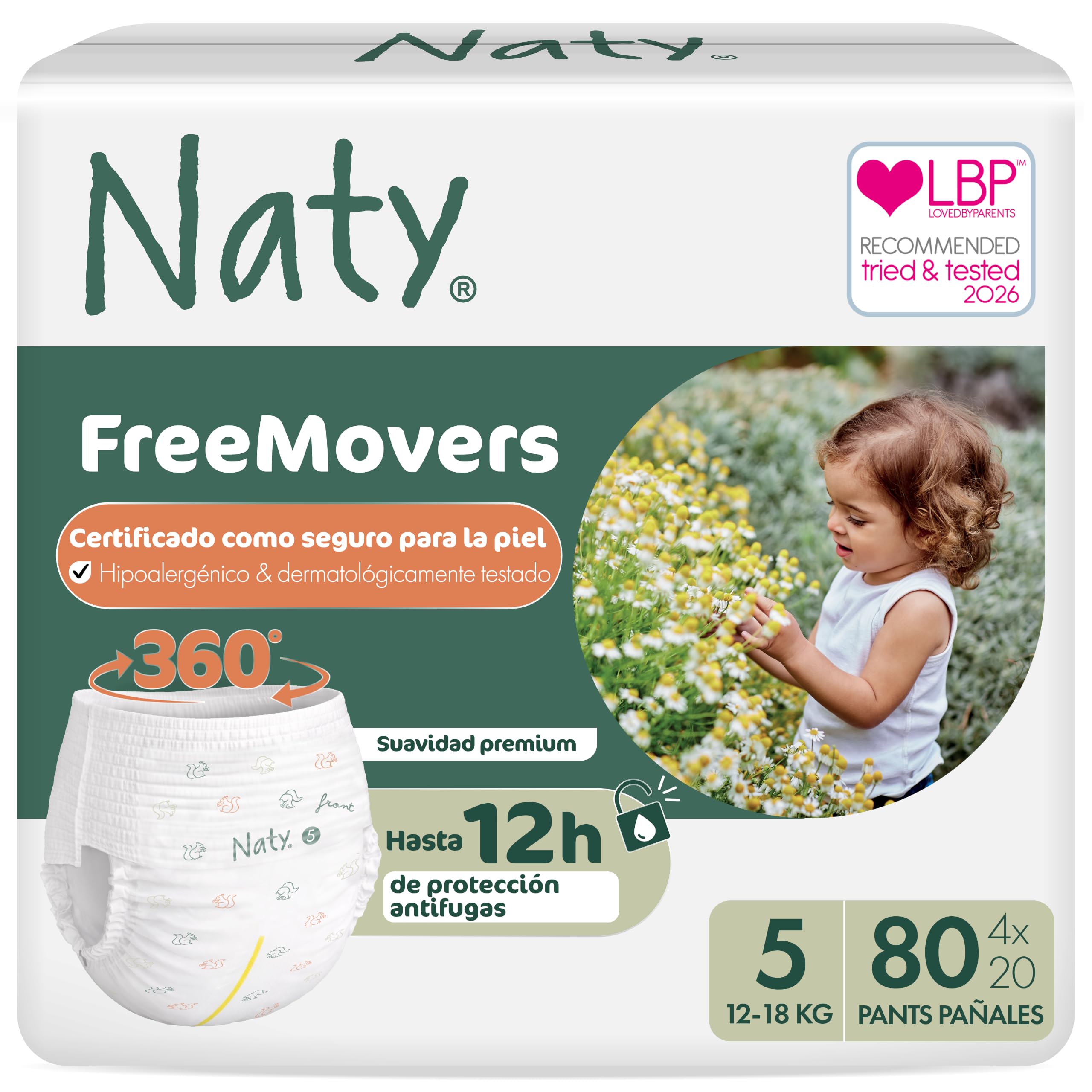 Naty FreeMovers Pañales Braguita, Talla 5 (12–18kg), 80 unidades | Para Piel Sensible, Bebé Pants Hipoalergénicos, Hasta 12 Horas de Protección contra Fugas, Suaves, Sin Perfume, Elástica
