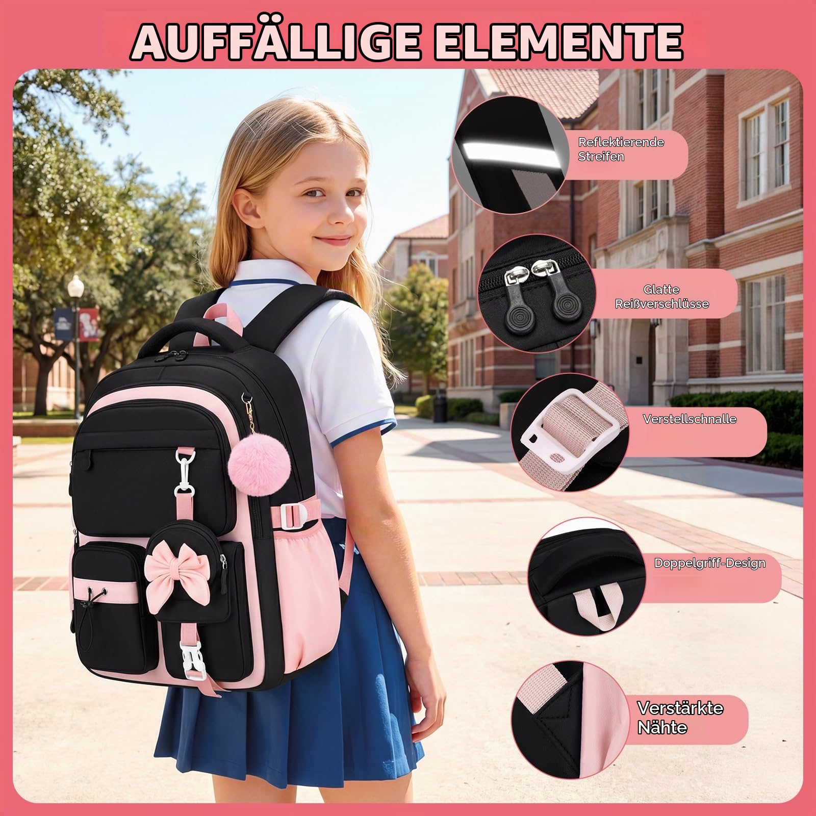 Amythe Schulrucksack Mädchen für 1. - 5. Klasse mit Reflektor | Schultasche Mädchen Rucksack Schule fur Teenager Grundschule Mittelschule, Lässiger Rucksack mit Geldbörse