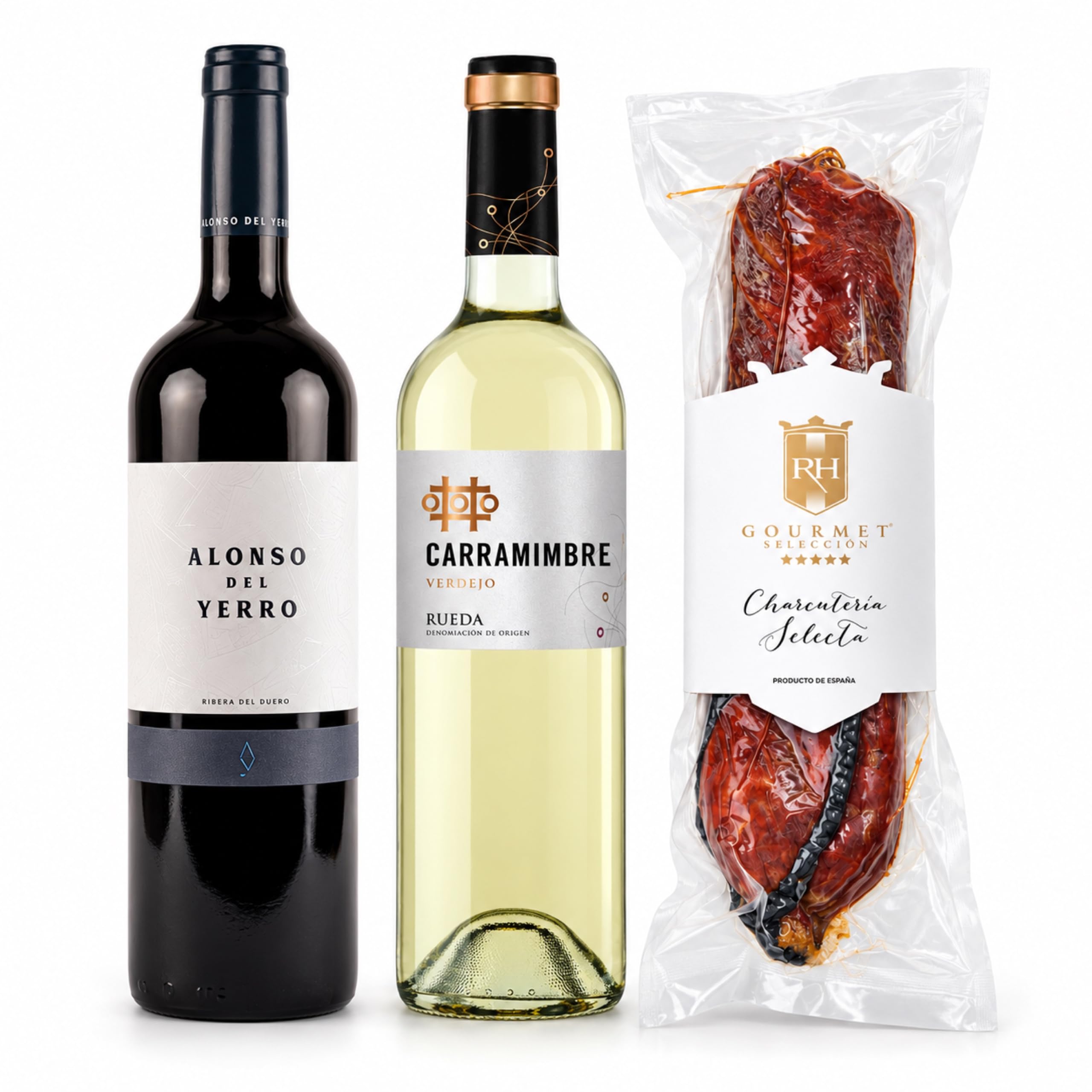 Cesta gourmet Navidad Alonso del Yerro y Carramimbre Verdejo con lomito ibérico de bellota 100% 450 g RH Gourmet, pack de 2 botellas 75 cl