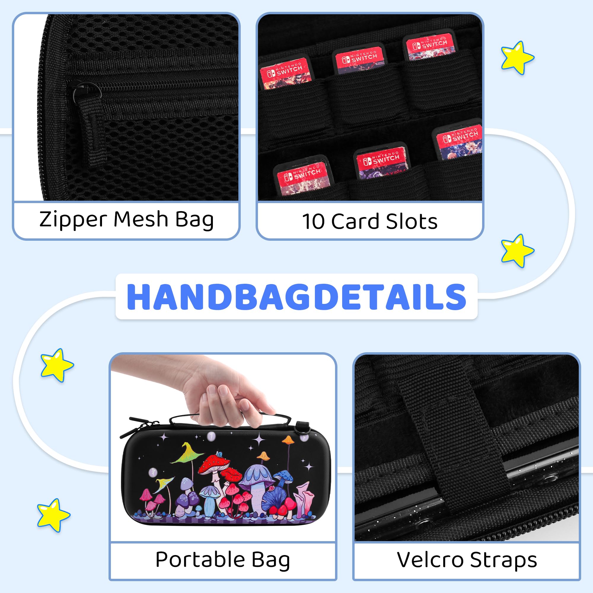 GLDRAM Custodia da trasporto a forma di fungo magico per Nintendo Switch, borsa da viaggio resistente con cover protettiva glitterata, protezione schermo HD Utral, tracolla e tappi per pollice, per
