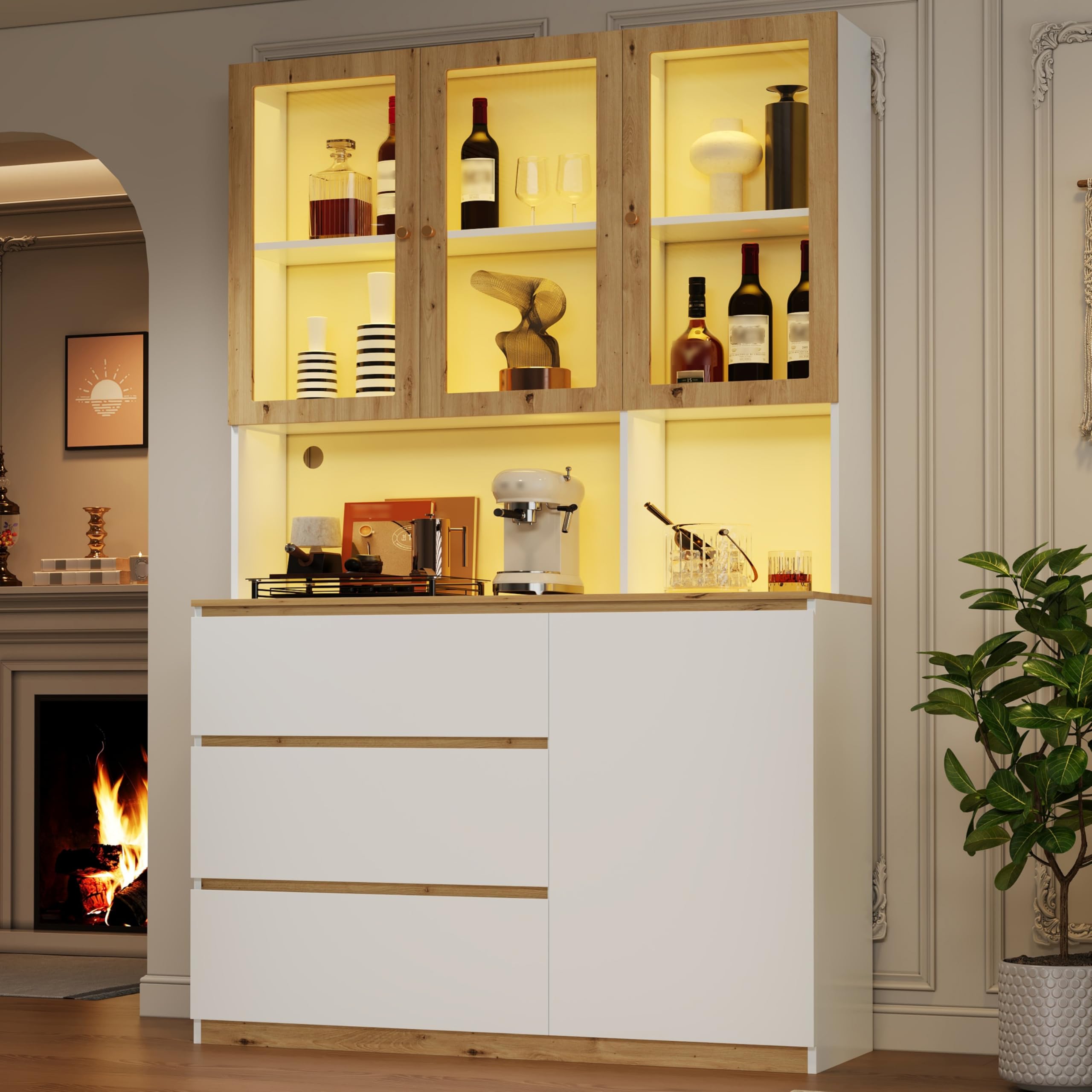 Merax Vitrine Hochschrank mit LED 120×24,5×200 cm, Glasvitrine mit 3 Schubladen und Tür, offenes Fach mit Kabelmanagement, Standmöbel für Wohnzimmer Esszimmer Küche, Weiß+Holzfarbe