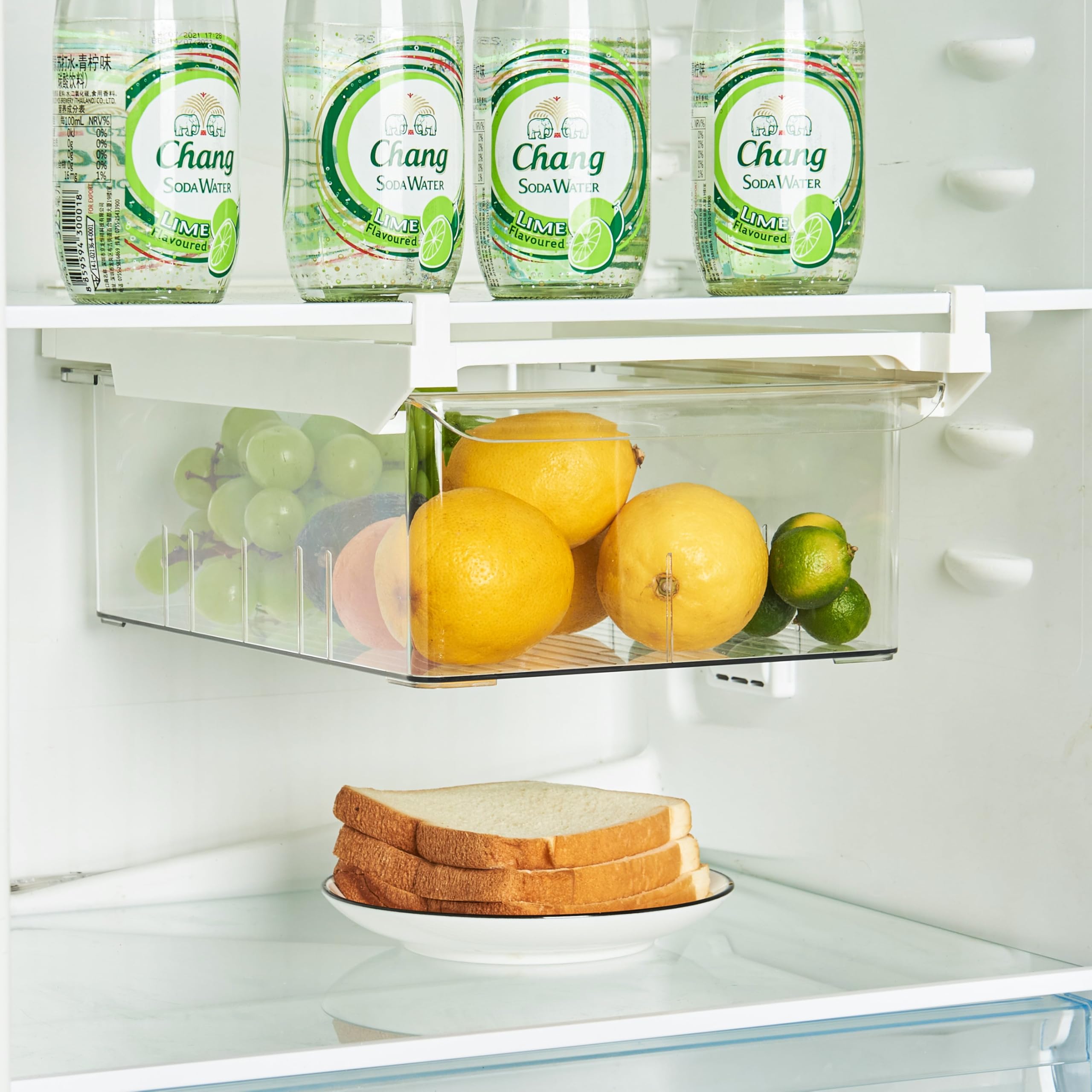 Adjustable Fridge Drawer Storage Bins with Slide Rail, Under Shelf Refrigerator Organiser Drawers for Fruits, Vegetables,eggs (Large)