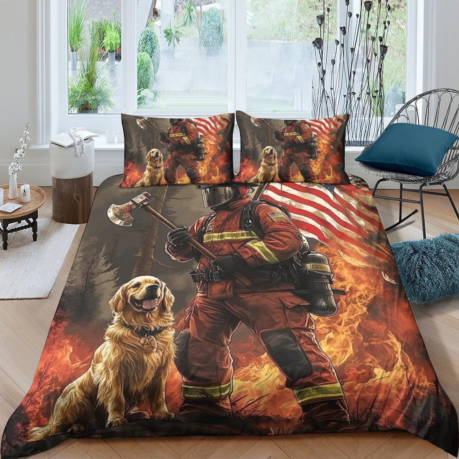 Ctjqhvkz Style-7 3D Printed Firefighter Hero Fitted Sheet Microfiber Soft American Flag Dog Mattress Cover Bedroom Decor Single（135X200cm）