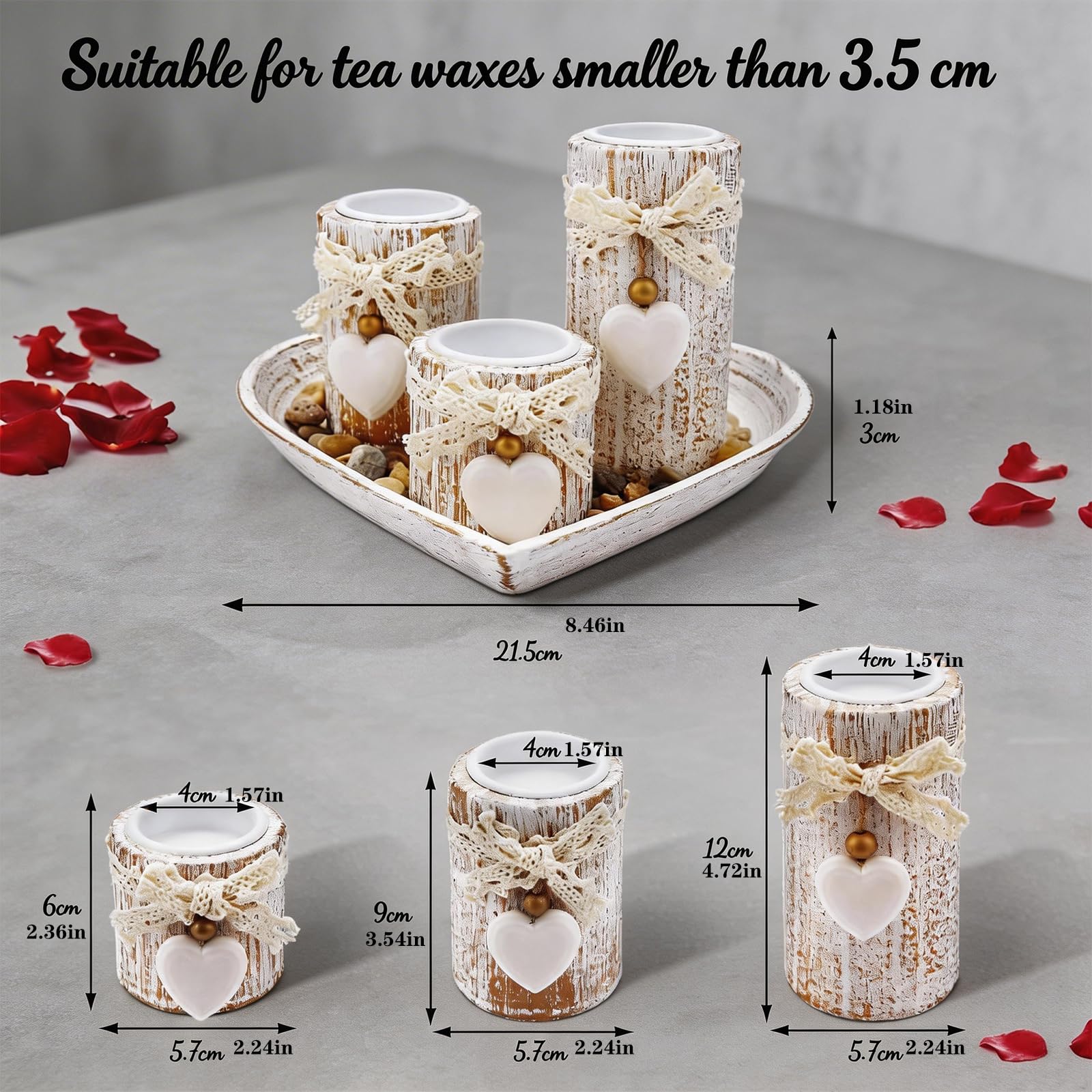 Set di 3 vassoi e portacandele in legno, a forma di cuore, per Natale, matrimonio e tavolo da pranzo