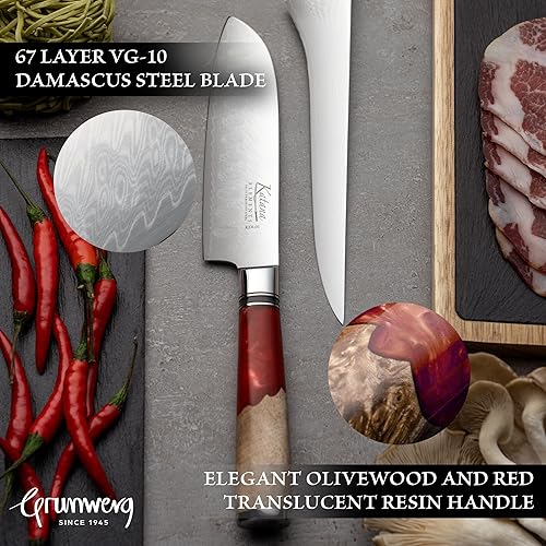 Miniatura 8 de Elements Collection - Cuchillo Santoku de 4.7 in, cuchillas de acero Damasco VG-10 Premium, mango de madera de olivo y resina, funda y caja
