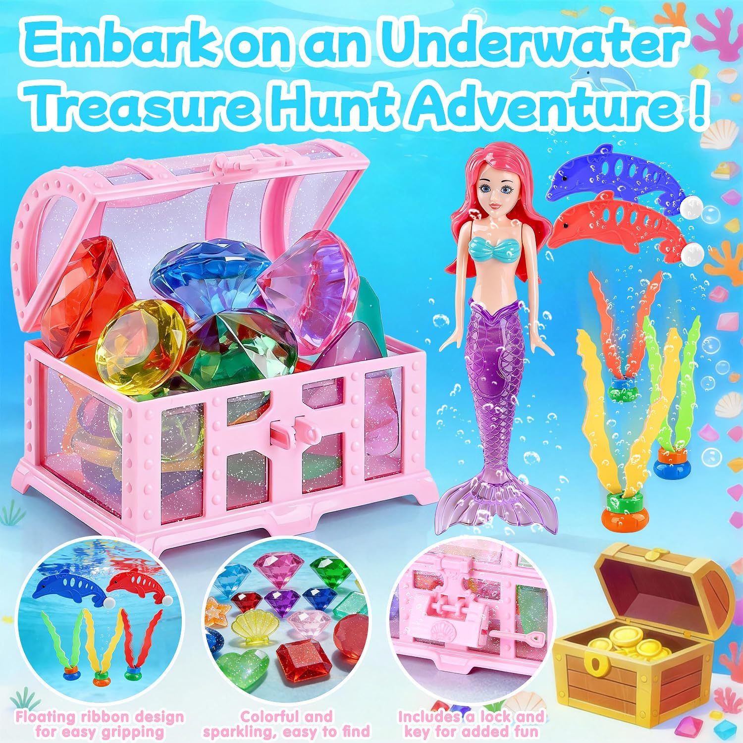31 Pcs Mermaid Pool Dving Toys with Storage Bag for Kids | Water-Activated Diving Toys, Bath & Pool Dual Use, Sparkling Gems & Secret Treasure, Perfect Play Gift for Girls