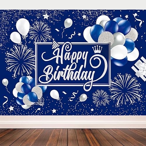 Miniatura 6 de Telón de fondo de cumpleaños azul y plateado con purpurina para fuegos artificiales, fondo de fotos para niños, hombres y mujeres, patio grande,