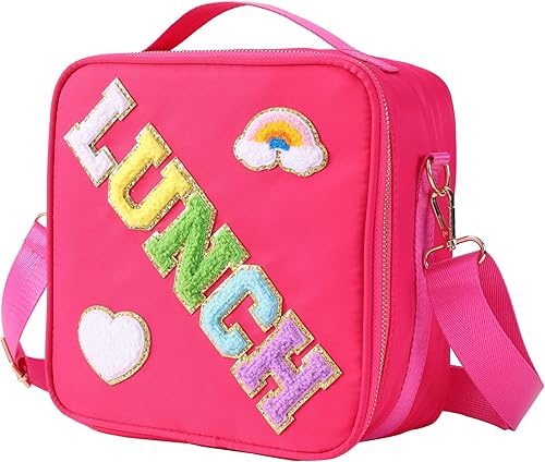 Lonchera personalizada con parches de letras coloridas aisladas, con purpurina, letras universitarias reutilizables para niños (rosa rosa)