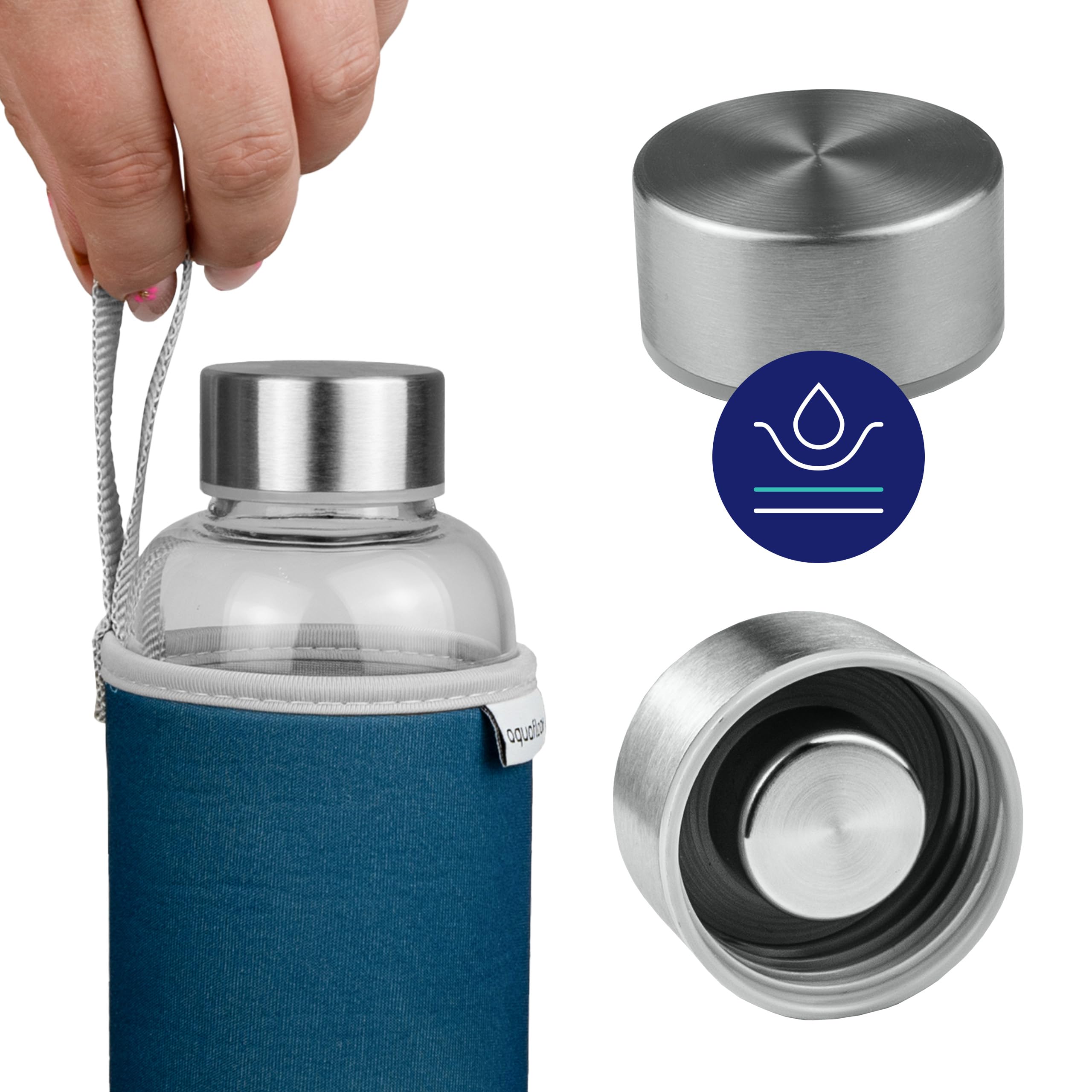 Aquafloow Borraccia con Custodia 700 ml, in Vetro borraccia acqua Borosilicato Trasparente con Coperchio Protettivo e Tappo a Vite, Ideale per Lavoro, Scuola, Fitnes – Bleu foncé