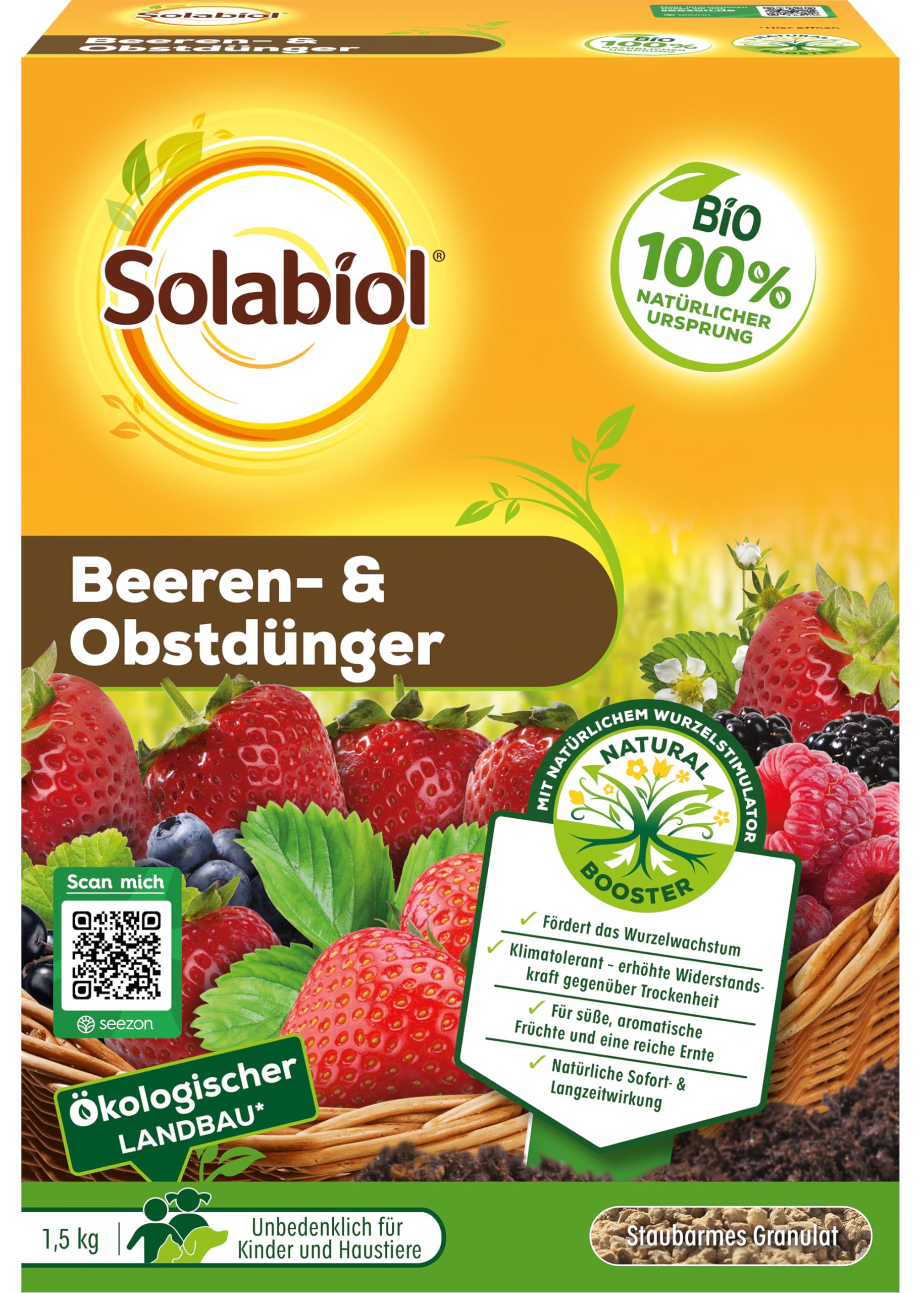 Solabiol Beeren- & Obstdünger, Spezialdünger mit Sofort- und Langzeitwirkung für alle Beerenpflanzen, Kernobst und Steinobst 1,5 kg