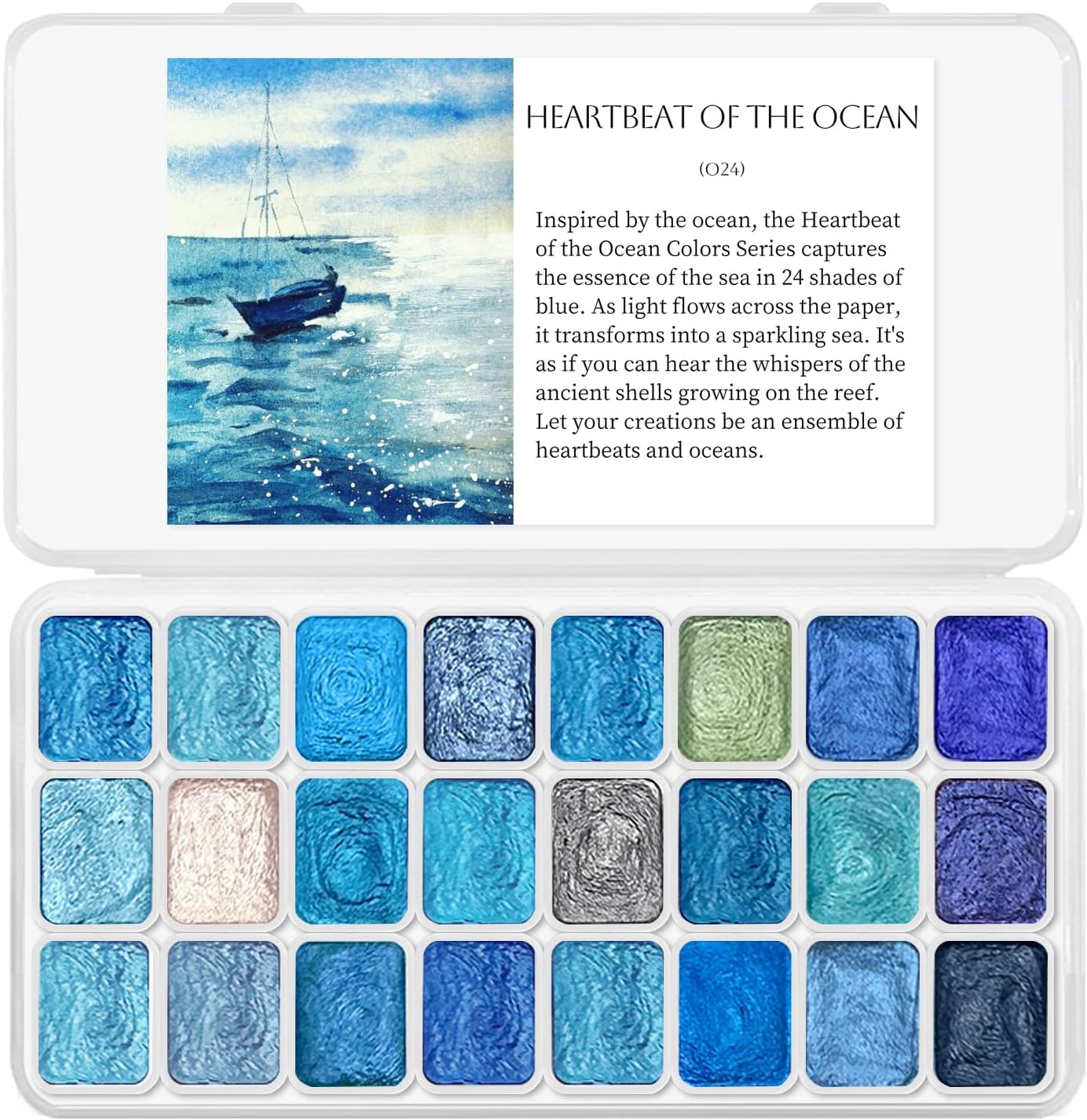 CraftyManor Mini Glitter Watercolor Paint Set with Paper, 24 Colors Shimmer Metallic Watercolour Painting Sets, Solid Pearl Water Color Paints for Adult, Blue 1ml (Heartbeat of the Ocean)