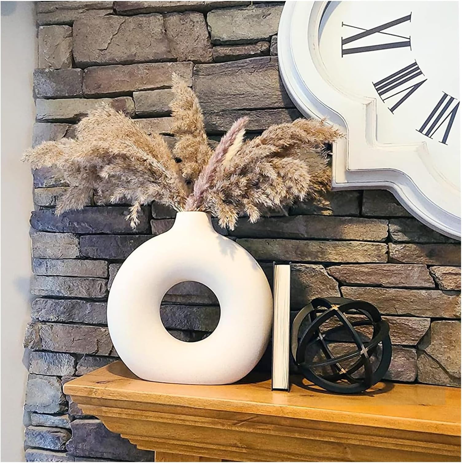 SPHINX White Ceramic Donut Vase, 6 Inch Modern Flower Vase for Pampas Grass, Dried Flowers, Home & Office Decor, Centerpiece, Handcrafted Gift Vase Only