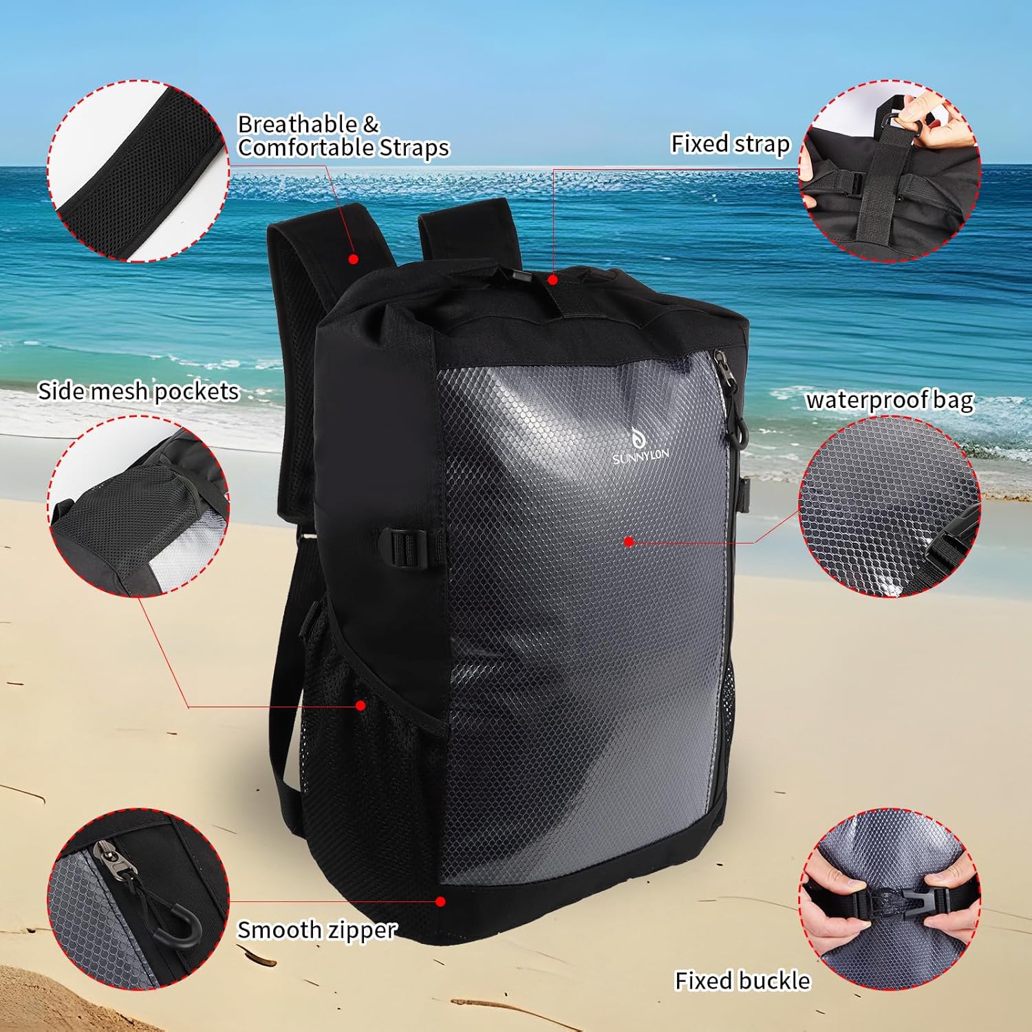 Dry Bag Backpack,25L Dry bags waterproof Kayaking, Waterproof bag with Waist Pouch and Phone Case,Waterproof Backpack Marine dry bag for Kayaking, Beach, Rafting, Boating (Black) - Image 4