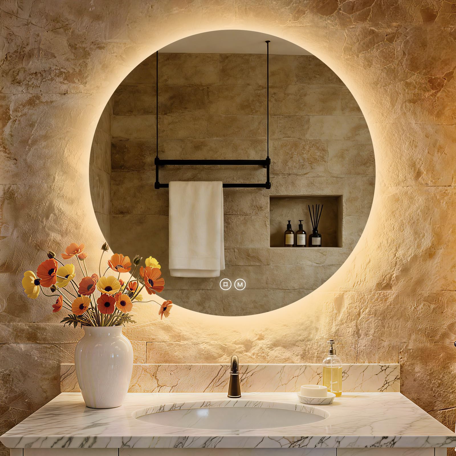 S'AFIELINA Specchio da bagno con illuminazione rotondo, 80cm, specchio LED con interruttore touch, specchio da bagno rotondo con 3 temperature di colore (caldo, neutro, freddo), dimmerabile