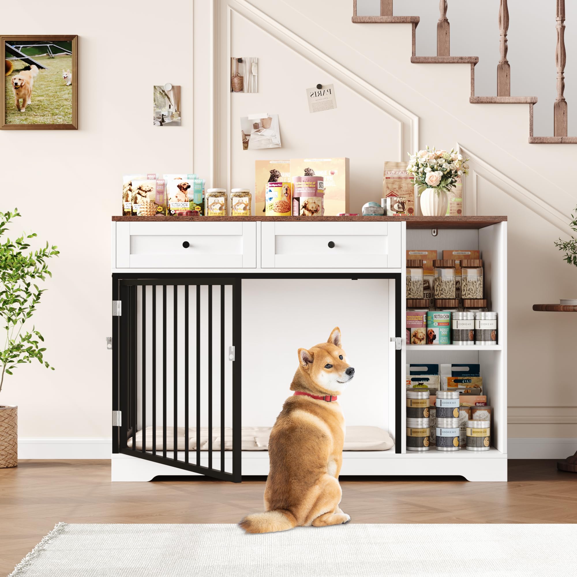 FirFurd 120 cm Jaula para Perros, Jaula Perro Grande, Caseta Perro, para Perros Pequeños y Medianos, para Interior, Metal y Madera, con 2 Cajones (Marrón y Blanco)