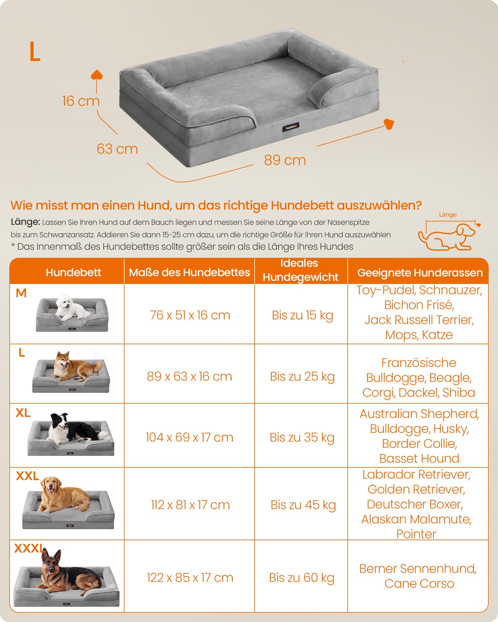 Feandrea Orthopädisches Hundebett, Hundekissen L, erhöhter Rand, Noppenschaumstoff, Bezug abnehmbar, waschbar, rutschfest, Innenfutter wasserabweisend, Taubengrau, 89 x 63 x 16 cm PGW322GD01