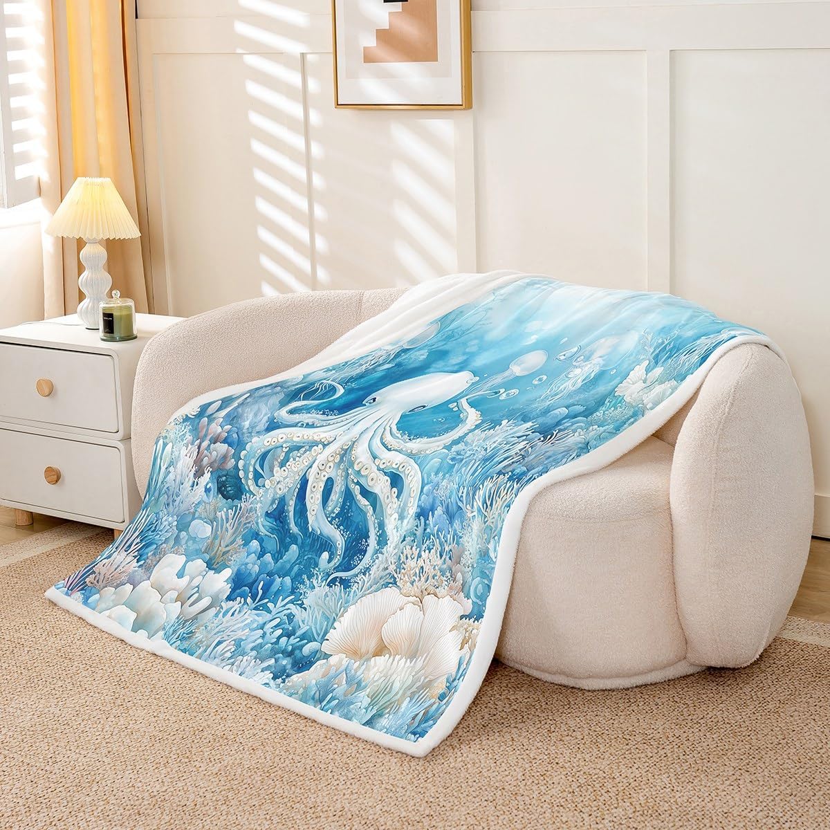 Erosebridal Octopus Plush Sherpa Blanket Ocean Animals Theme Underwater World Coral Fleece Throw Blanket Warm Plush Queen 90"x90", for Kids Boys Girls Adults 3D Printed