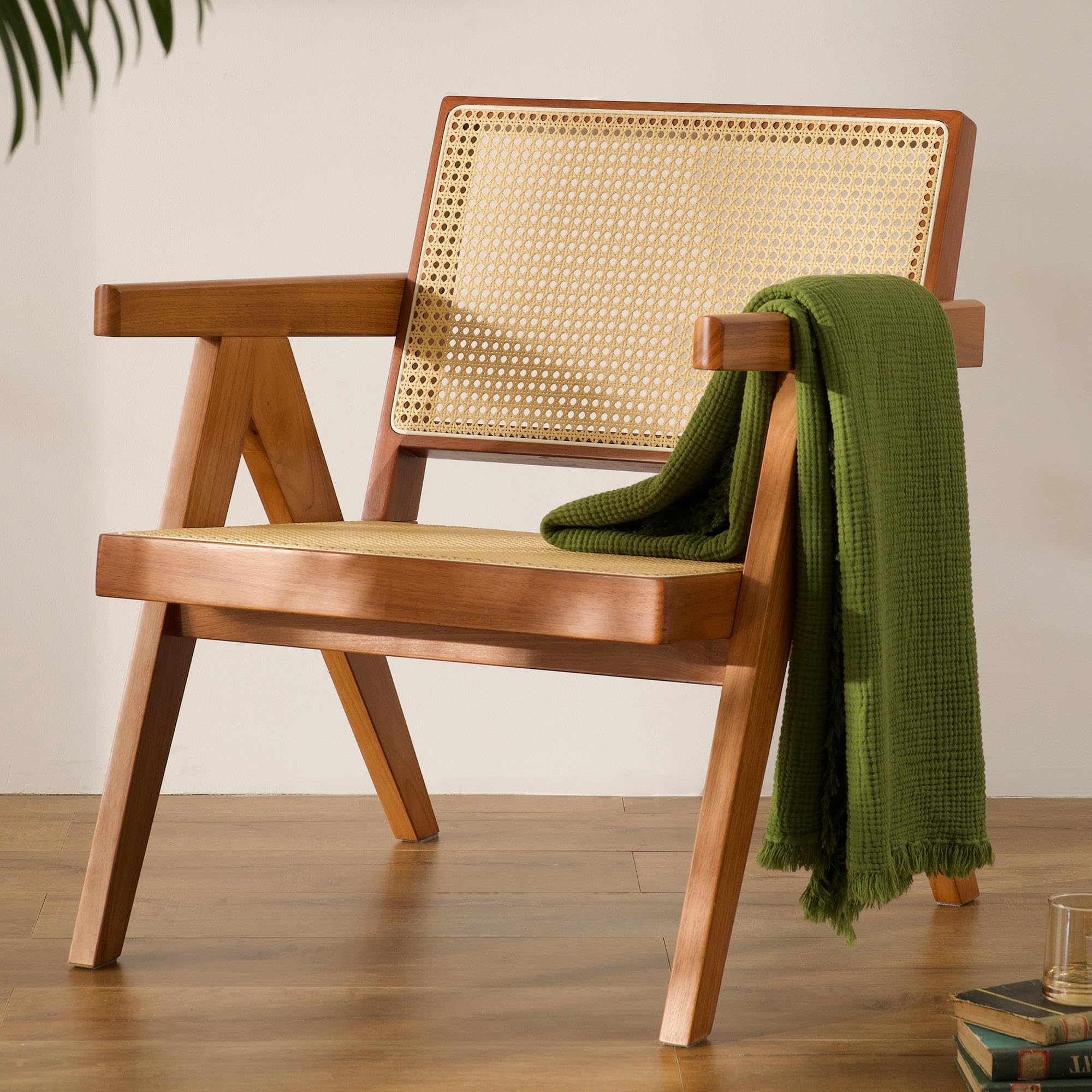Rattan Accent Chair,Boho Accent Chair Mid Century Modern Cane Side Chairs, Armrest Reading Chair with Rubberwood Frame for Living Room Bedroom Balcony Patio,Teak