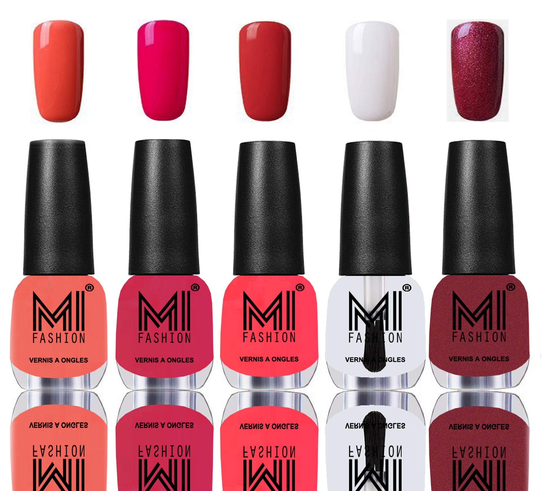 MI Fashion® Non Toxic Long Lasting Premium Nail Lacquer Polish Combo- Peach,Moon magenta,Coral compass,Crystal Clear and Metallic Red-Gold-image-32