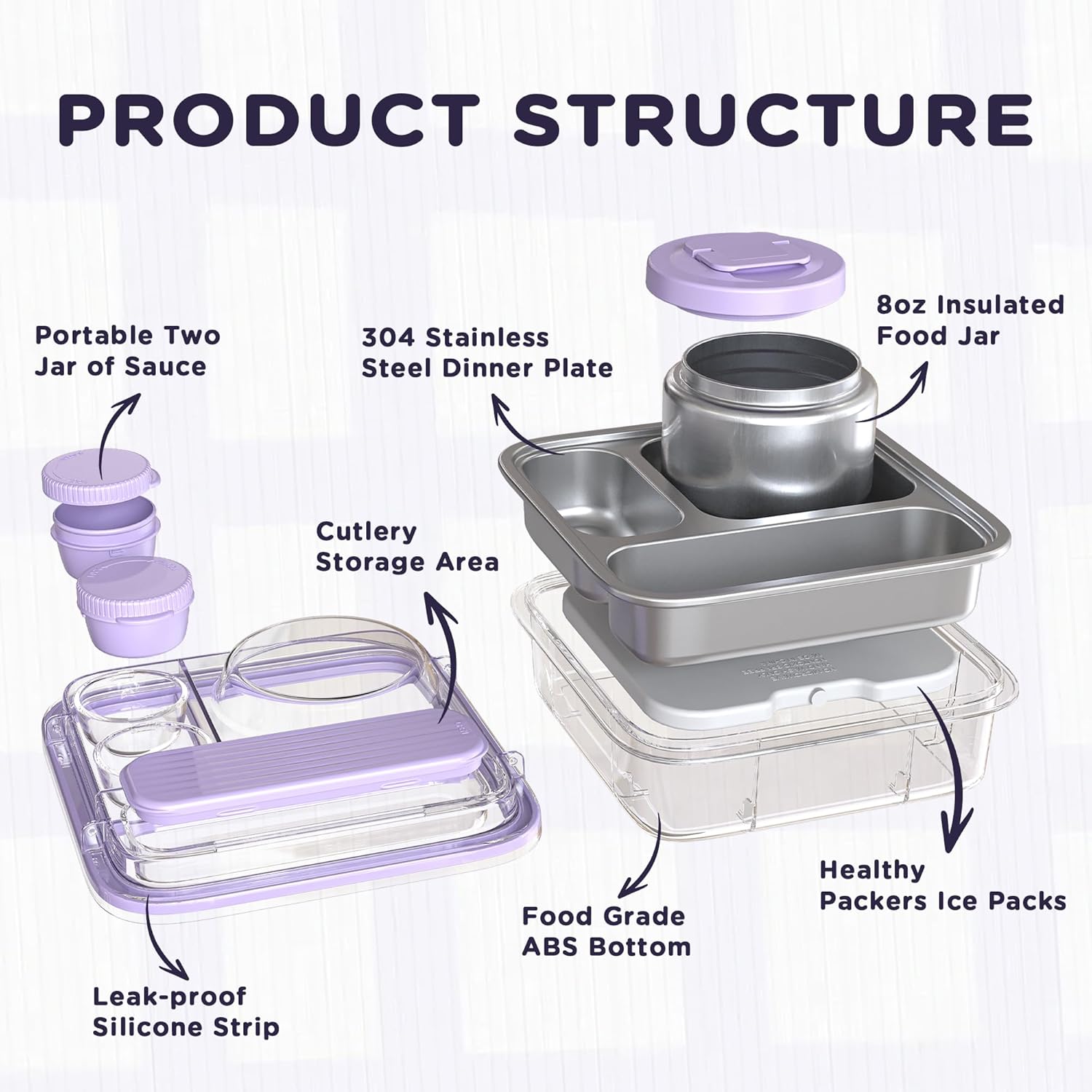 Stainless Steel Bento Lunch Box for Kids Adults with 8oz Insulated Food Jar,Ice Pack,Leak-proof,Dishwasher-Safe,Transparent Lid with Sauce Cup and Cutlery Storage for School & Travel,BPA-Free(Purple)