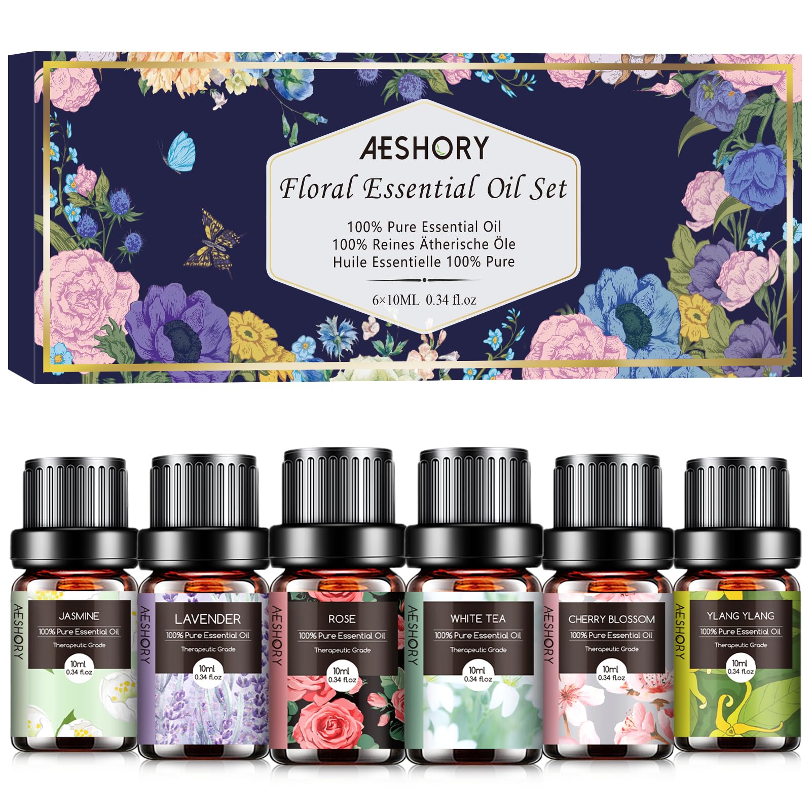 AESHORY Floral Aceites Esenciales para Humidificador 6 X 10ML, 100% Natural Set de Aceite Esencial Aromaterapia para Difusor, Masaje - Flor de Cerezo, Jazmín, Lavanda, Rosa, Té Blanco, Ylang Ylang
