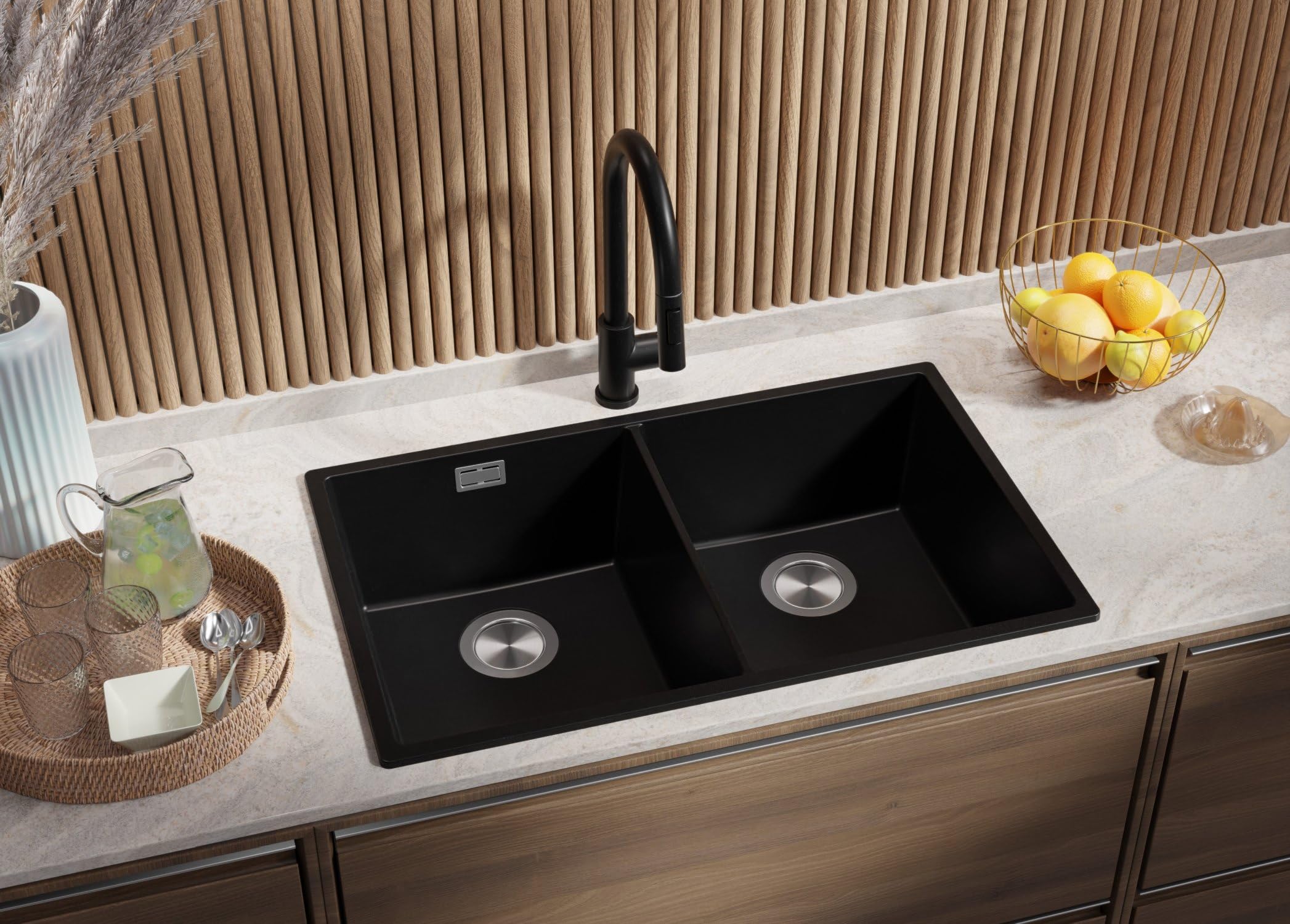 PRIMAGRAN Fregadero Cocina Todo Negro 76x47cm, Granito 2 Senos + Sifón, Sobre Encimera al Mueble 80cm - London Twin Slim S007