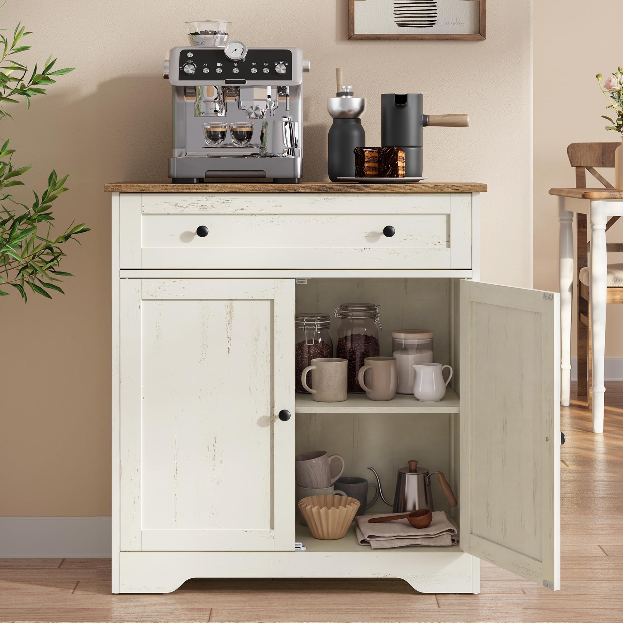 VASAGLE Collection - Storage Cabinet, Farmhouse Buffet Cabinet with Drawer and Adjustable Shelf, Double Doors, Sideboard, Coffee Bar, 40 x 72 x 80 cm, Rustic White and Honey Brown SIREN LSC521WJ01