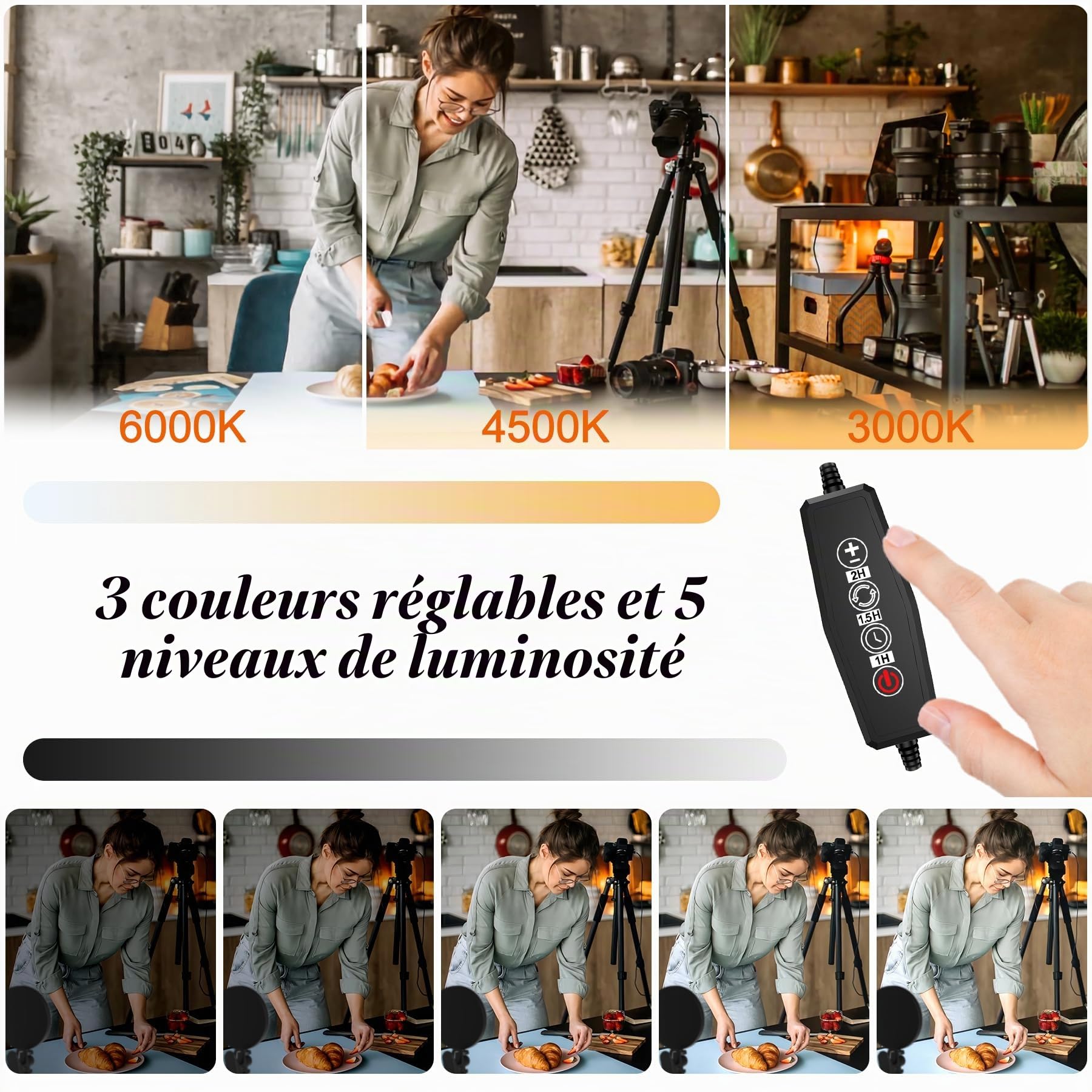 Mojimdo 97LED Lampe de vidéoconférence, 3 couleurs et 5 luminosités Lampe de clip vidéo sur moniteur, réglage de la lumière par minuterie Lampe de webcam pour les réunions- Adaptateur USB inclus
