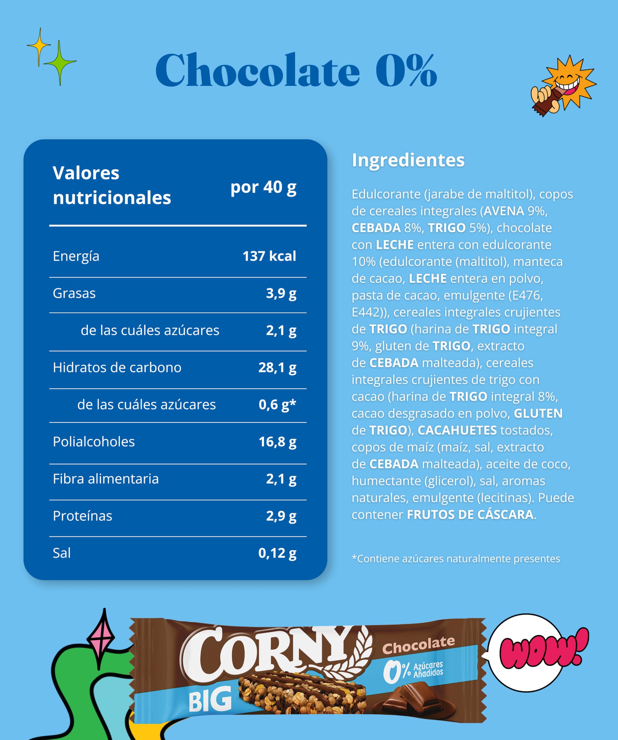 Corny Big, Barrita Sin Azúcares Añadidos Sabor Chocolate, Más Grande, Más Chocolate, Textura Crujiente, 40g