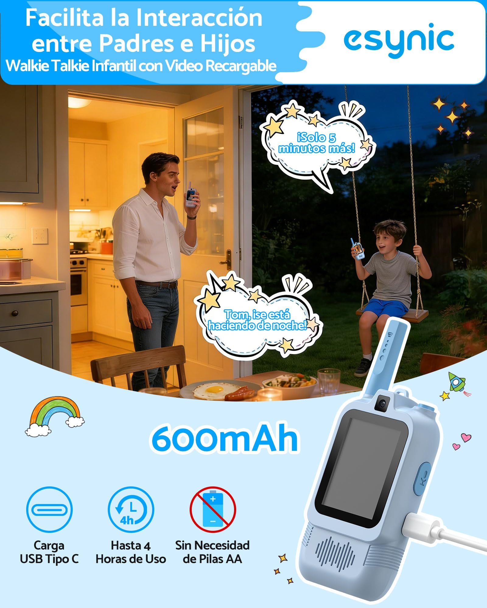 eSynic Walkie Talkies Niños con Cámara Doble Juguete Videollamada Intercomunicador Infantil Recargable Largo Alcance 500 Metros para Exploración Radios Bidireccionales Regalo Cumpleaños Azul Rosa